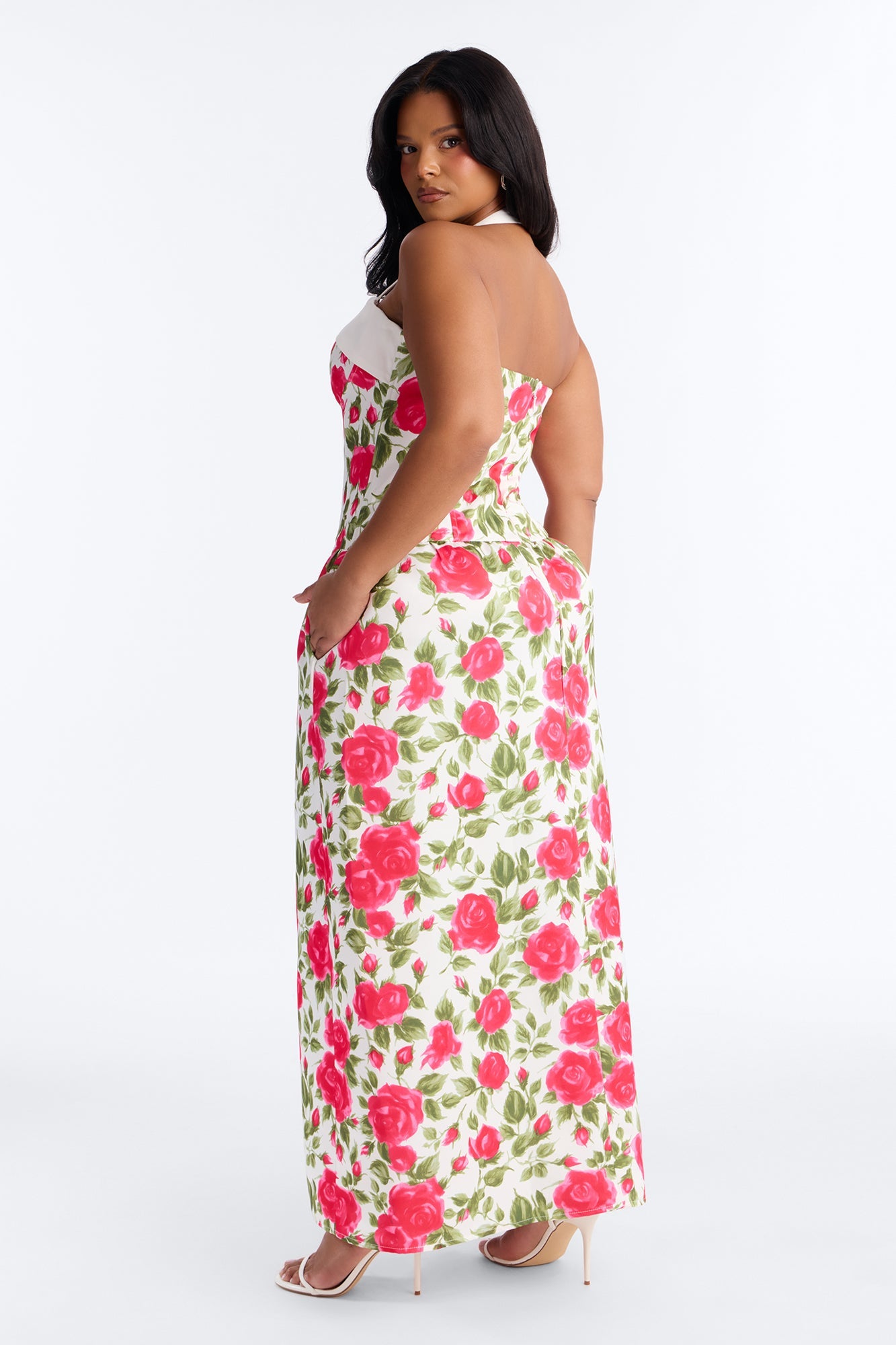 Sweetheart Floral Satin High Slit Maxi Dress - Pink/combo