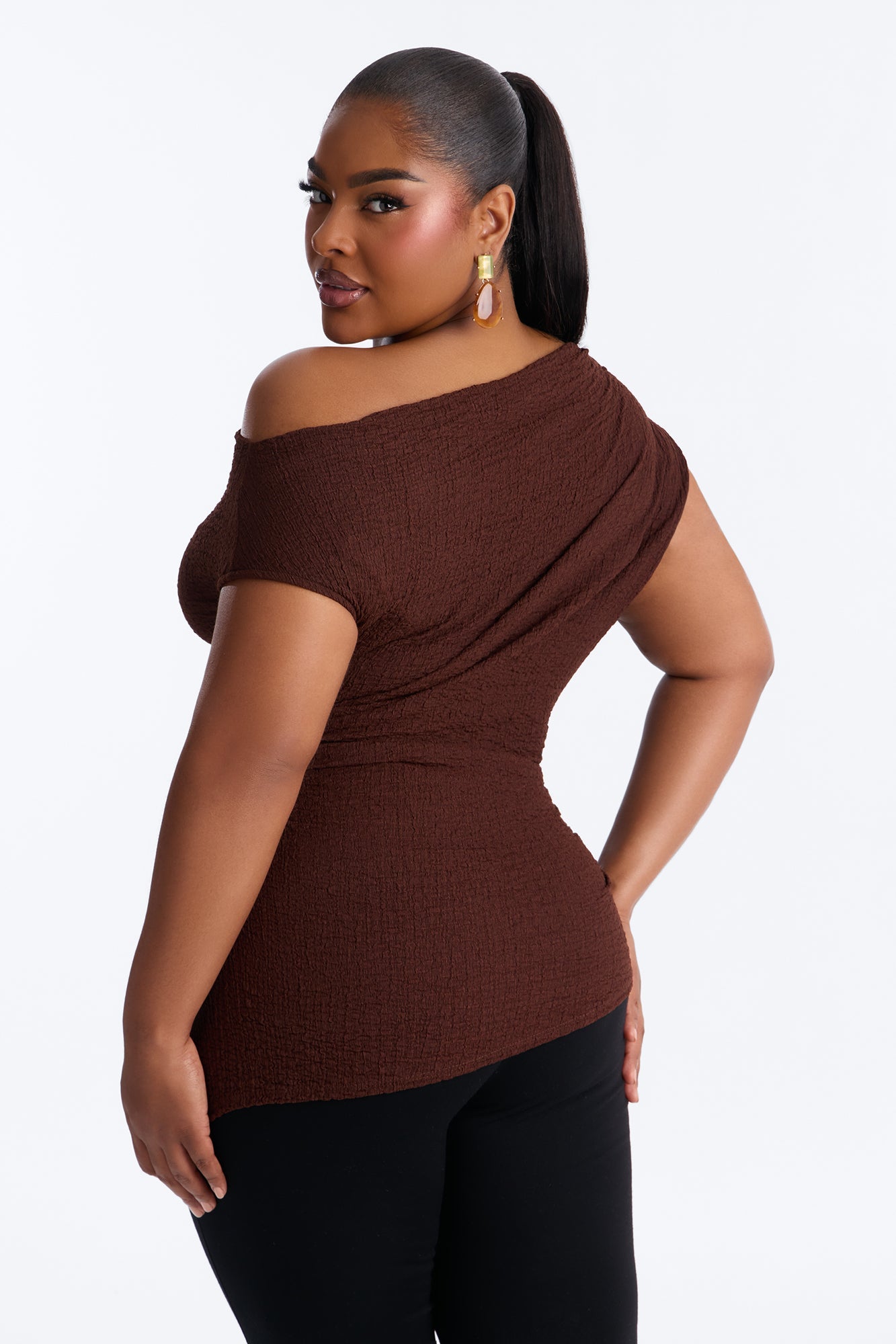 Tropical Tease Textured Off Shoulder Short Sleeve Top - Brown