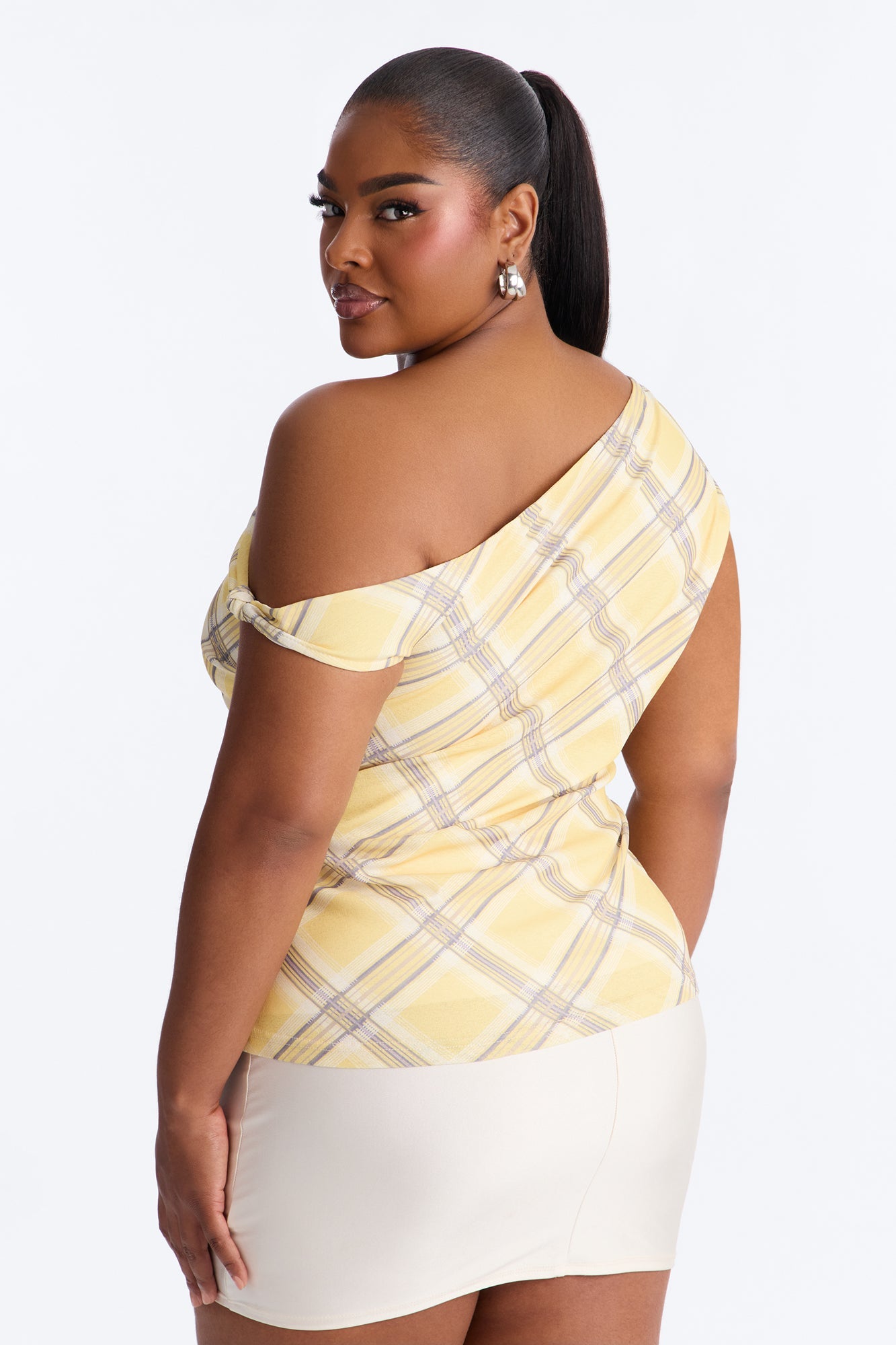 Elevated Life One Shoulder Ruched Plaid Top - Yellow/combo