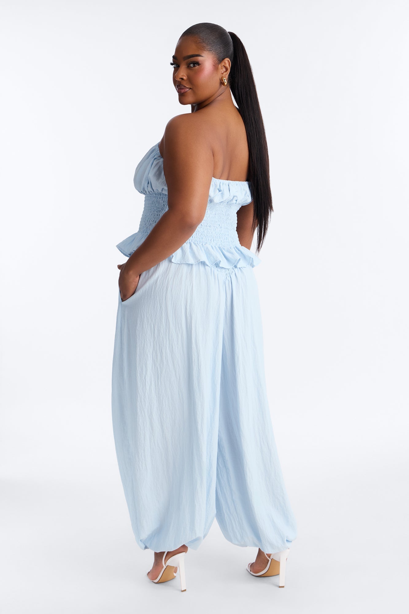 Pretty Thing Peplum Smocked Balloon Pant Set - Light Blue