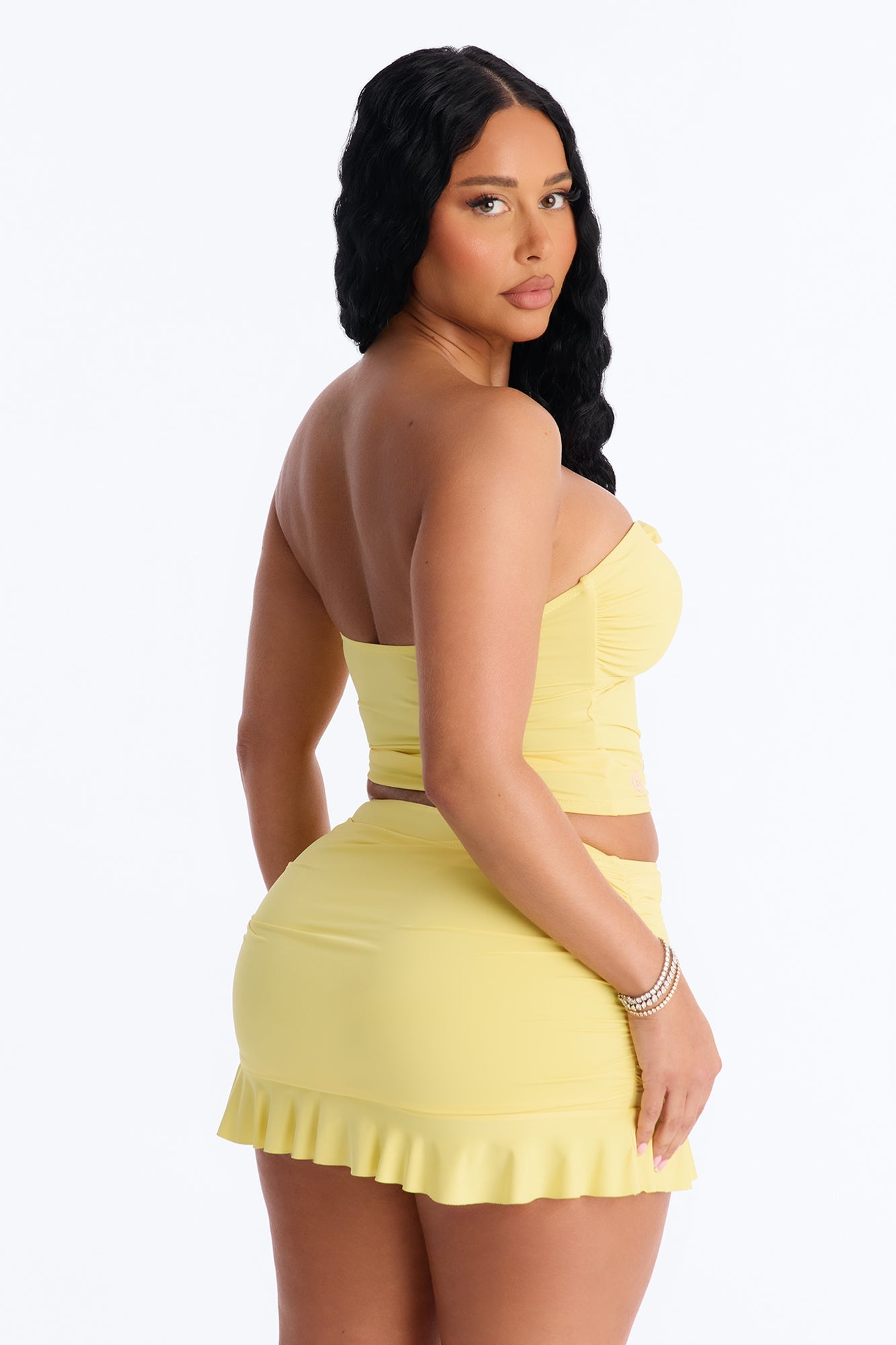 Sunshine State 2 Piece Strapless Bikini & Ruffle Mini Skirt Sunsuit - Yellow