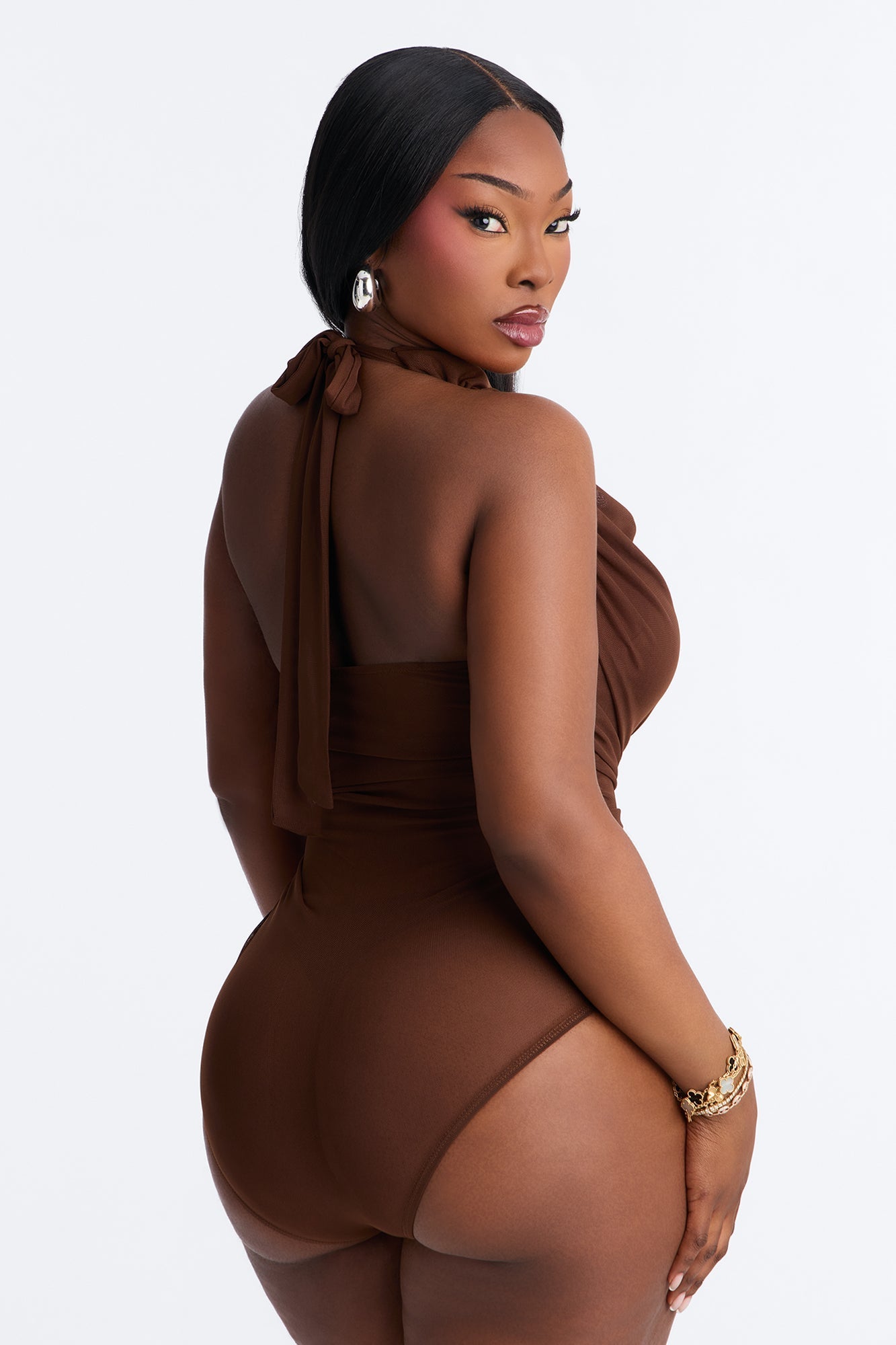 Raye Ruched Deep V Neck Halter Bodysuit - Brown