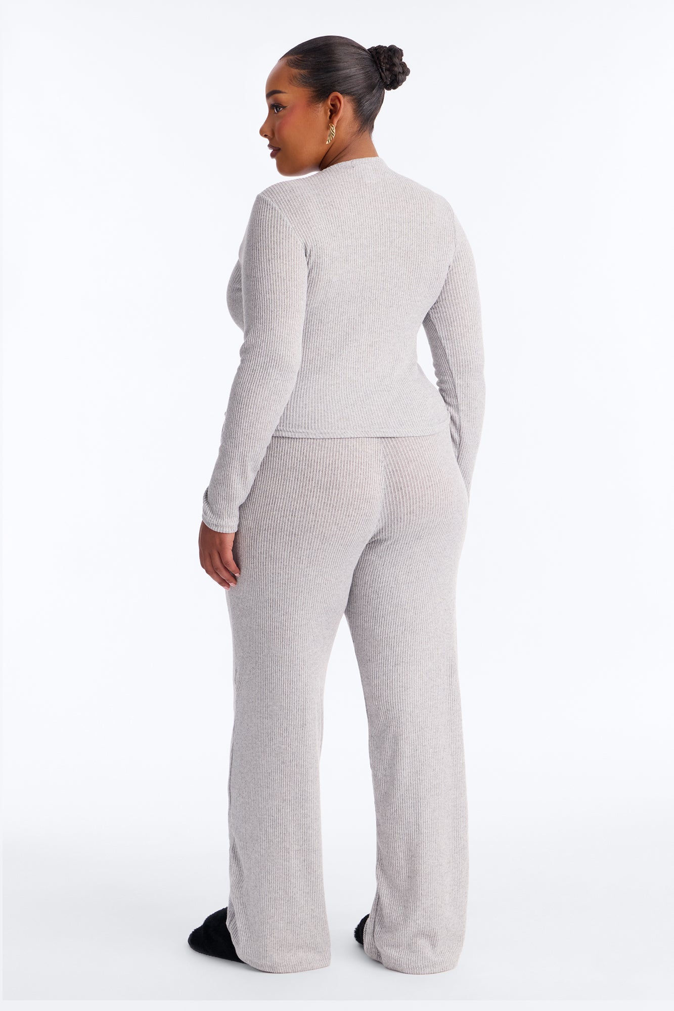 Slumber Haven Ribbed Long Sleeve PJ Pant Set - Heather Grey