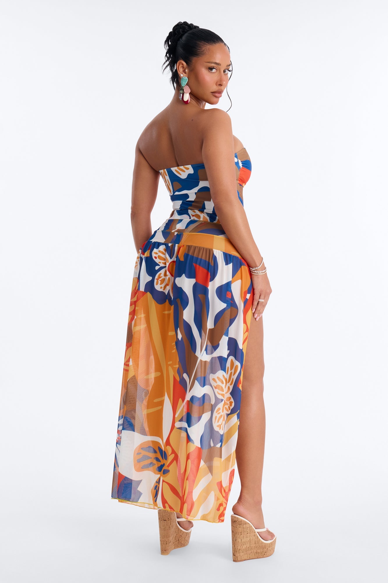 Nola Abstract 1 Piece Strapless Swimsuit & Mesh Cover Up Maxi Skirt - Multi Color