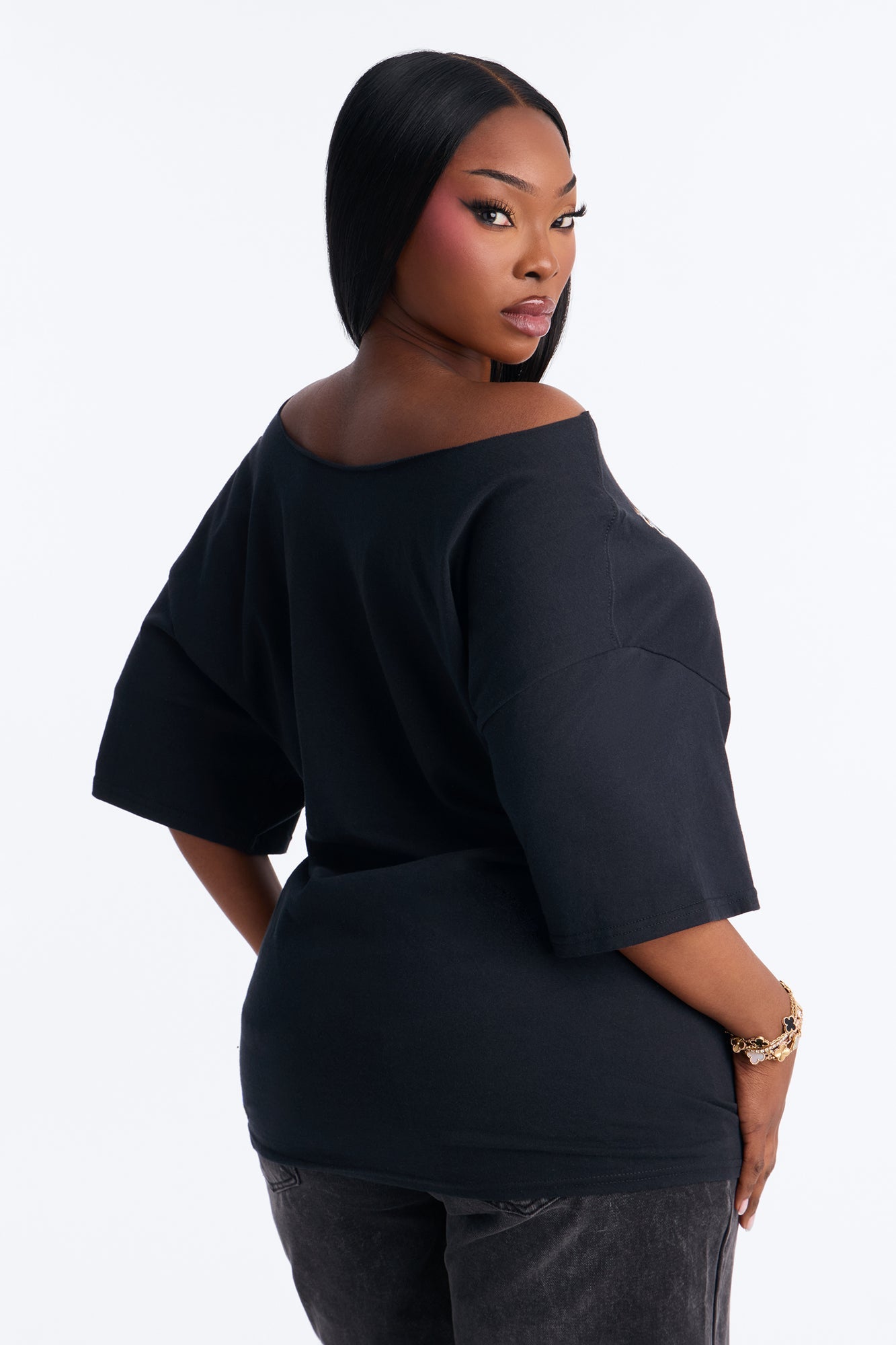 Gold Lips Off Shoulder Tee - Black