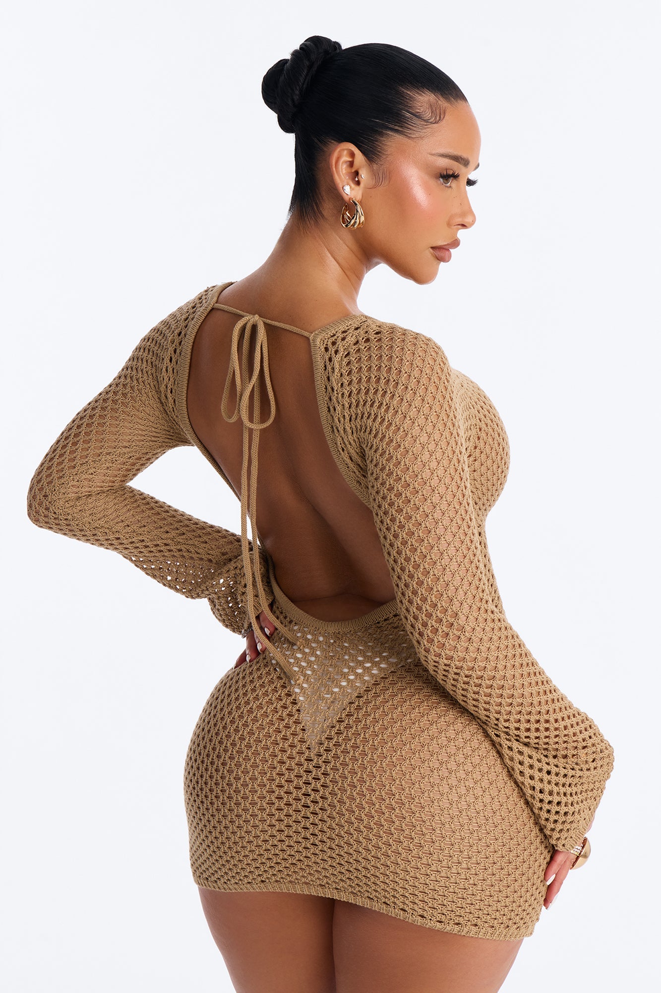 Cassie Crochet Deep Scoop Backless Cover Up Dress - Tan