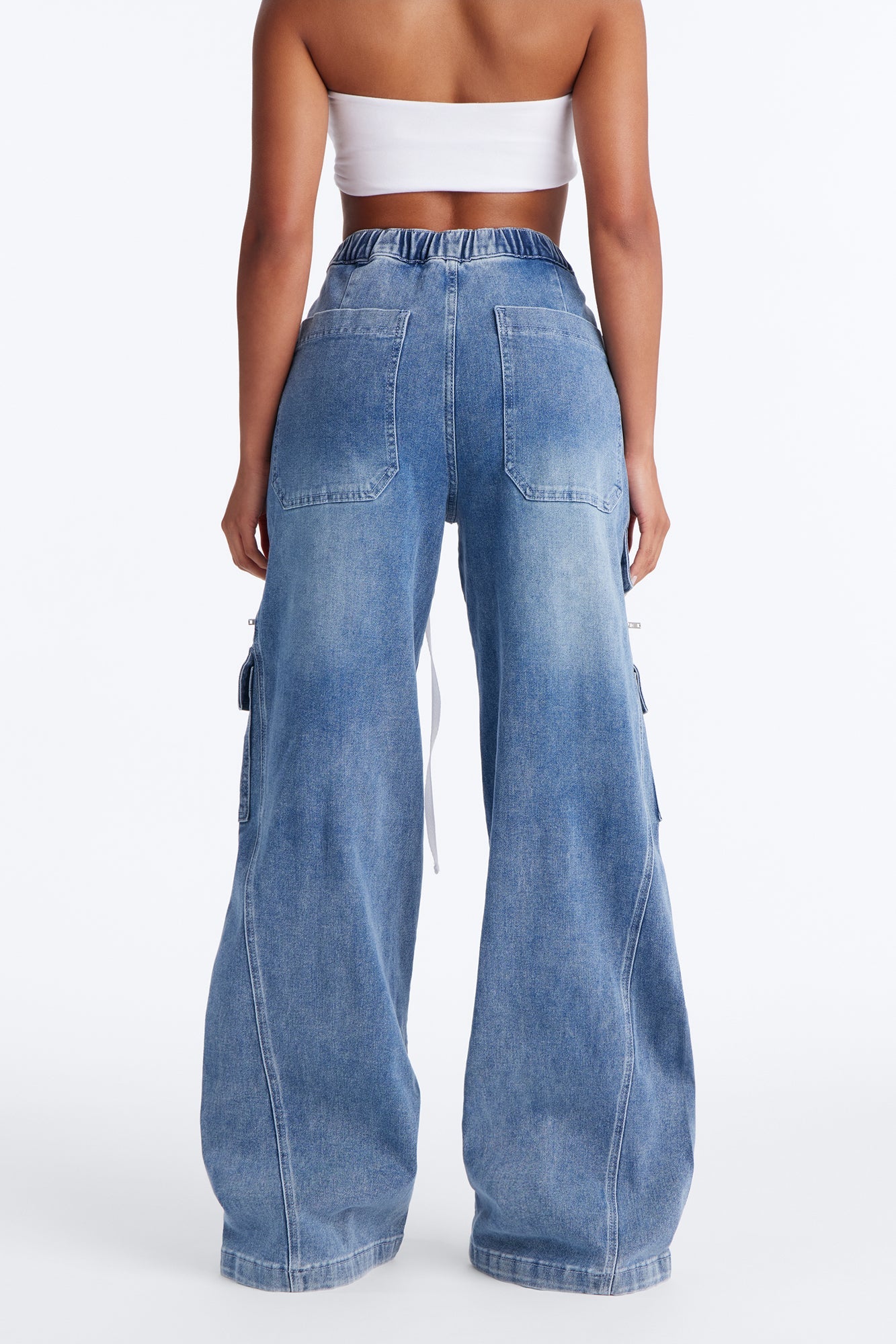 Ask About Me Tie Waist Cargo Wide Leg Jeans - Medium Wash
