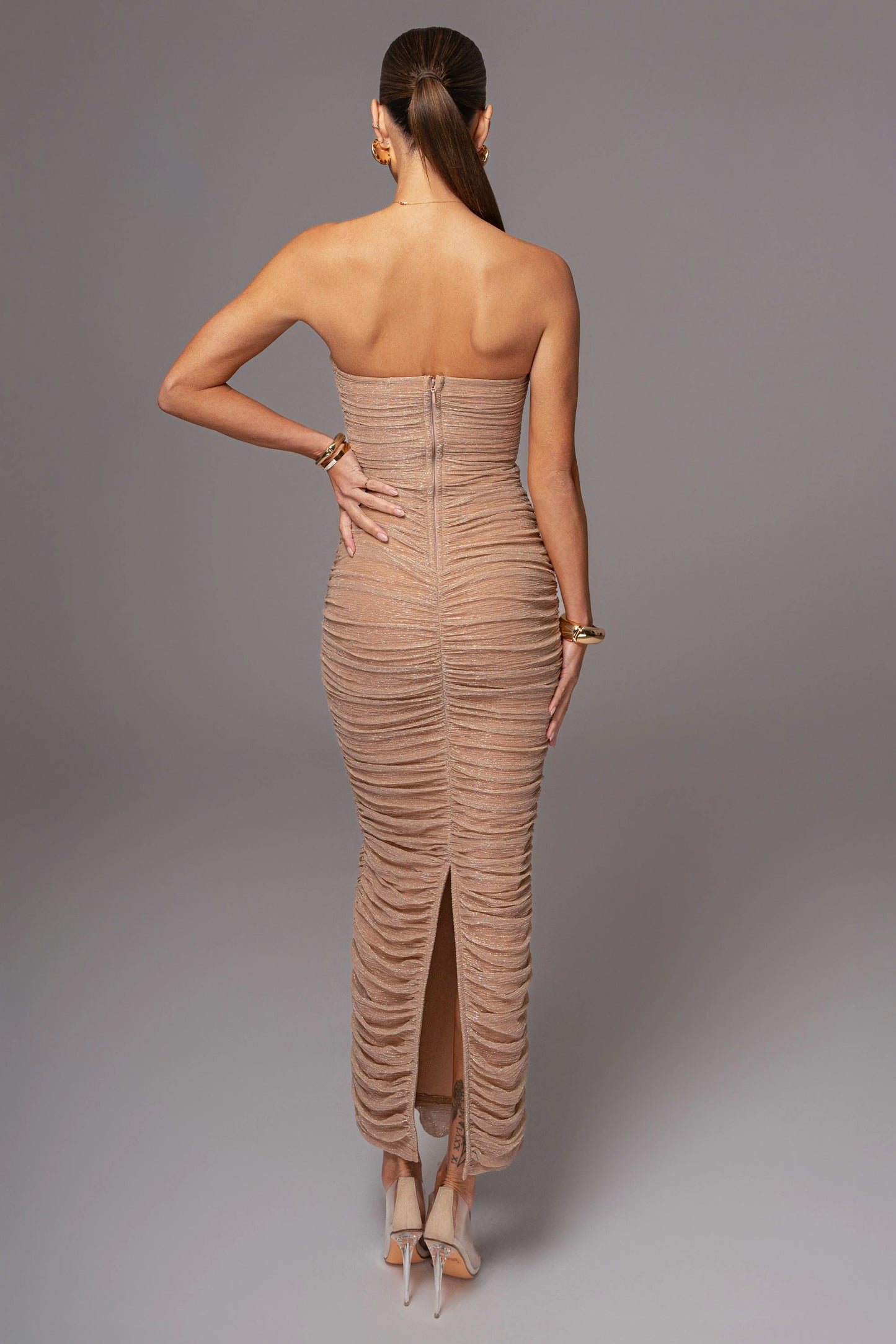 Champagne Metallic Mesh Maxi Dress JLUXLABEL