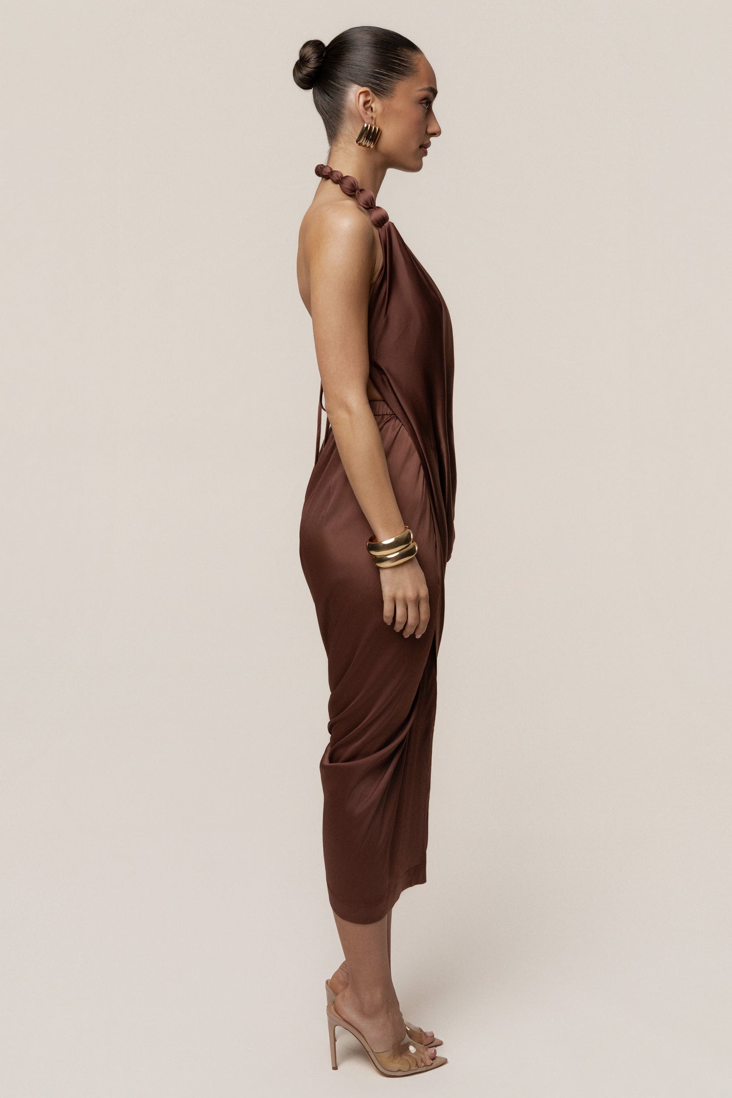 Brown Dolce Drape Dress JLUXLABEL