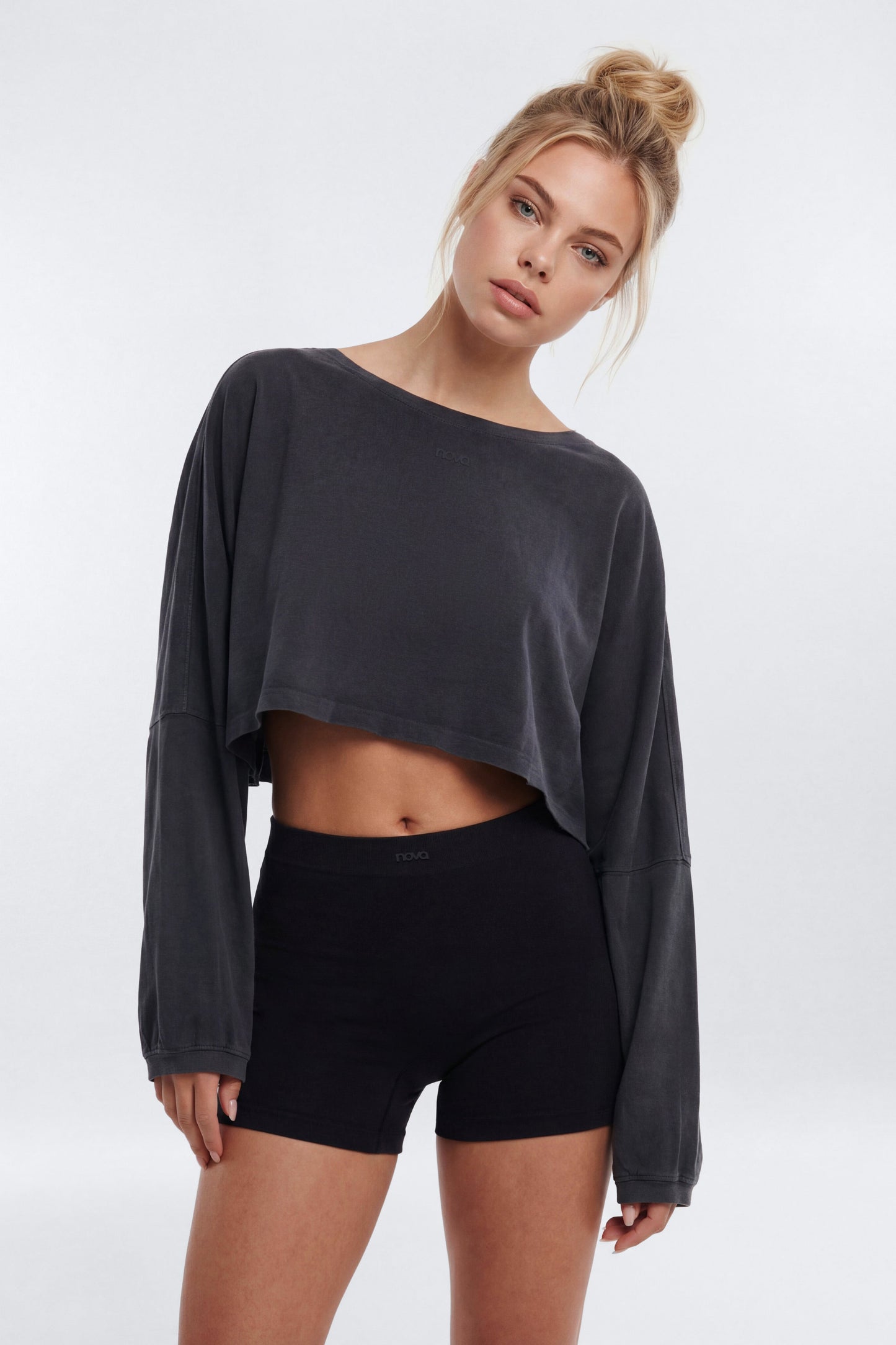 Cotton Jersey Long Sleeve Cropped Top - Charcoal
