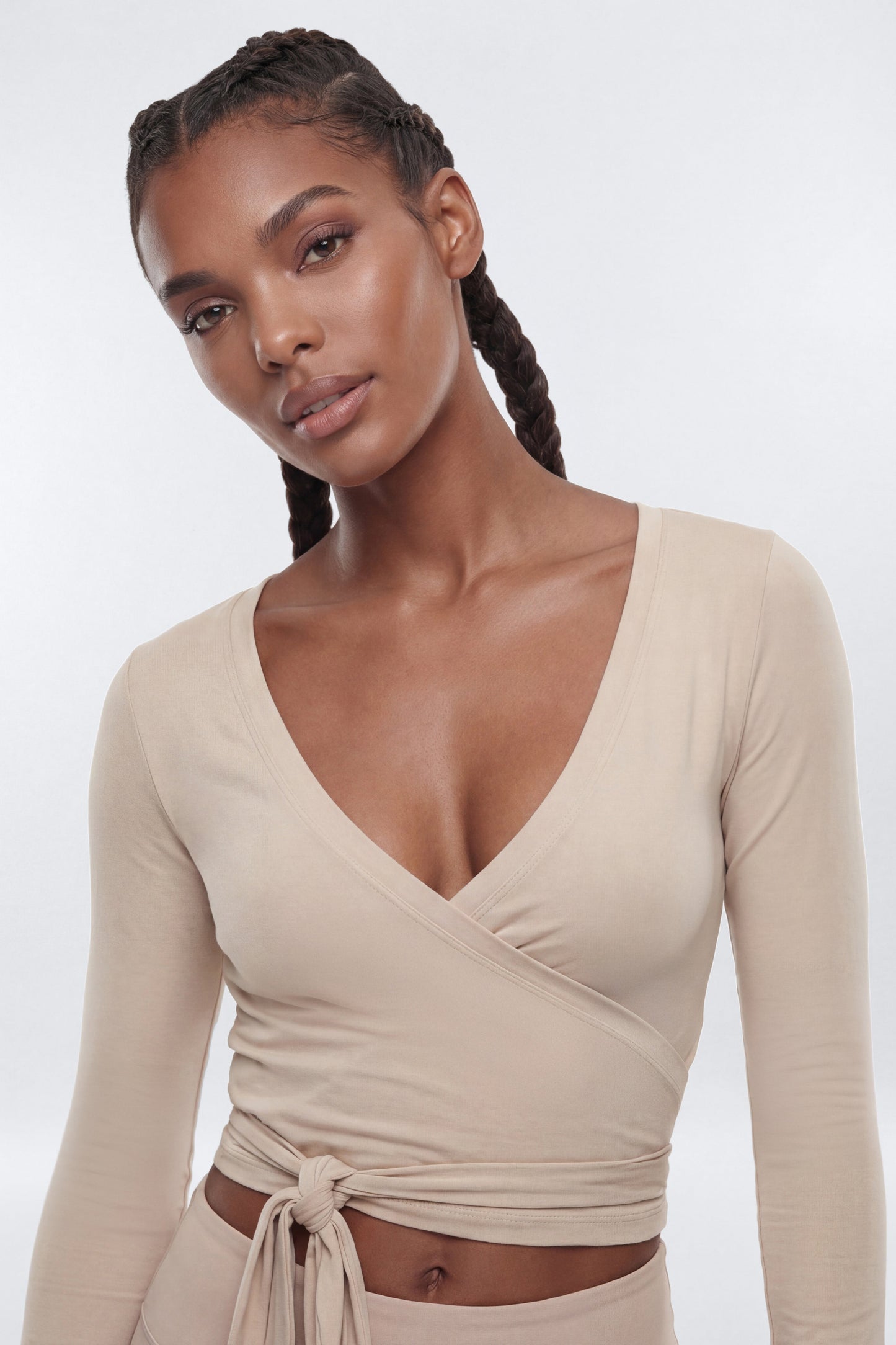 Soft Jersey Surplice Wrap Top - Stone