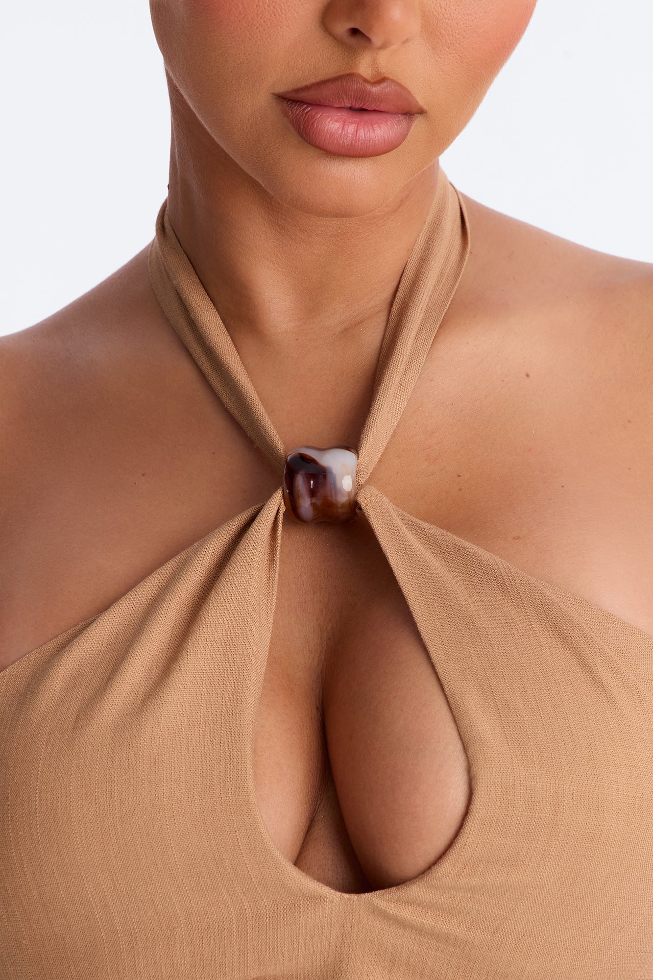 Iced Coffee Beaded Linen Halter Top - Camel