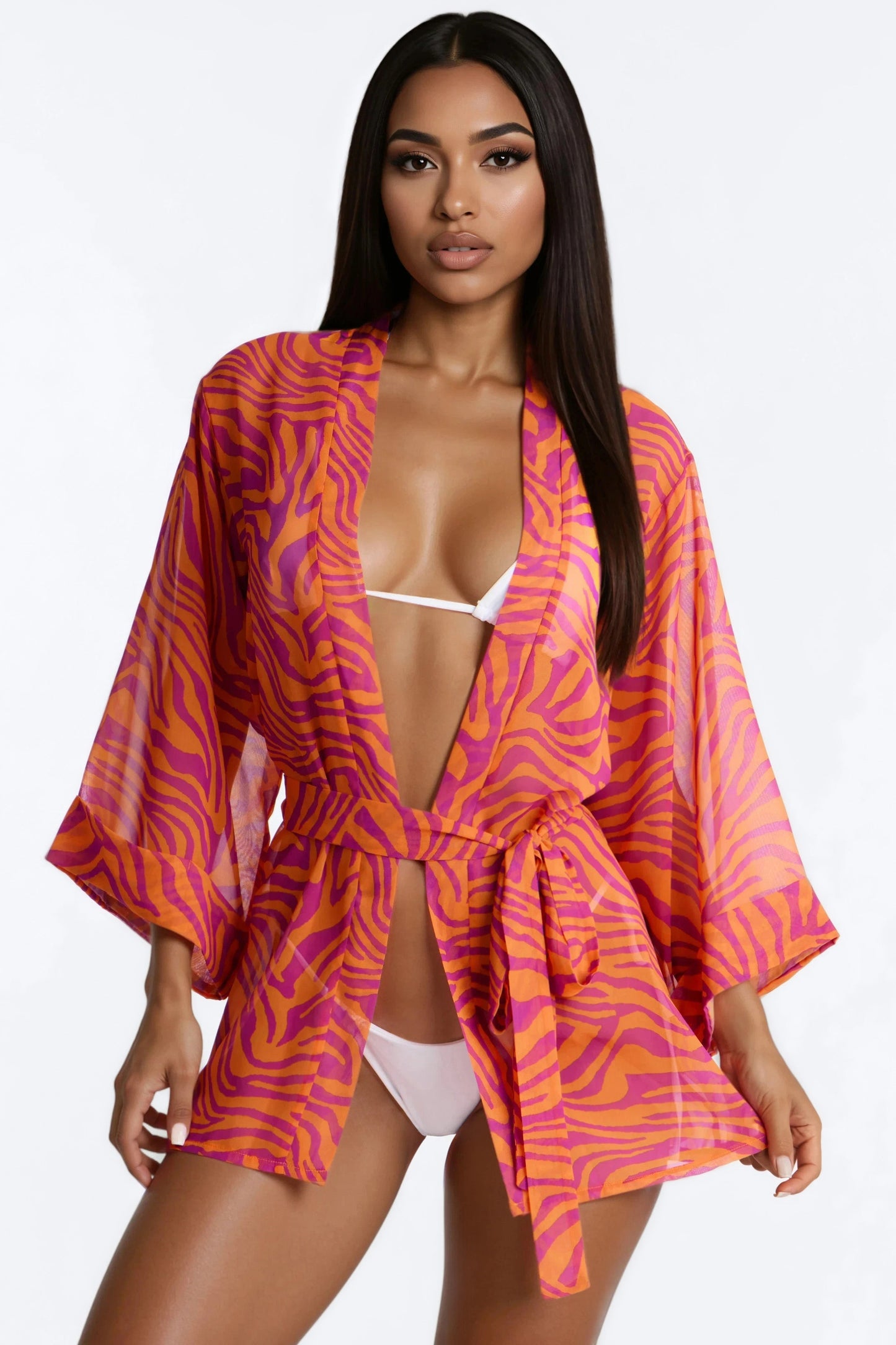 Nothing But A Stripe Waist Tie Swim Cover Up Kimono - Pink/combo