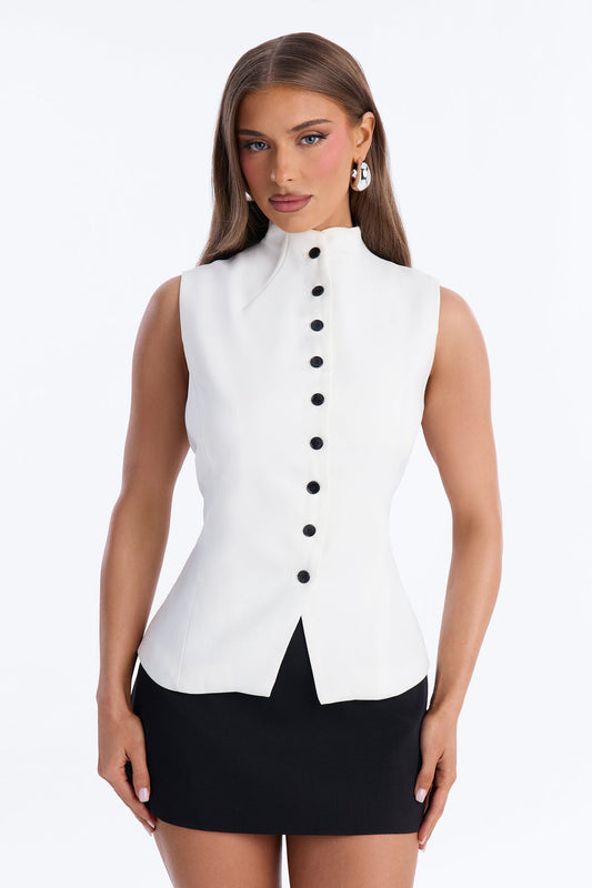 Lana Mock Neck Twill Top - White