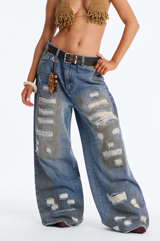 Click Bait Charm Ripped Belted Tinted Baggy Jeans - Vintage Wash