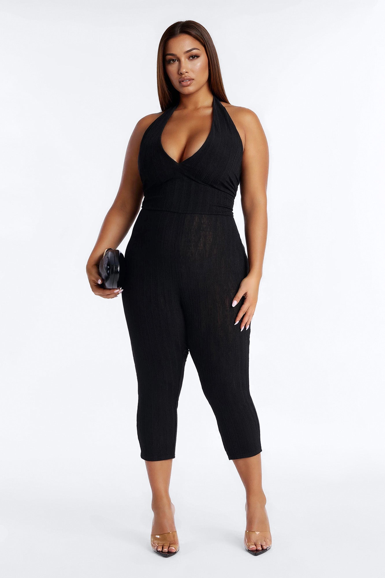 Emme Waist Tie Capri Catsuit - Black