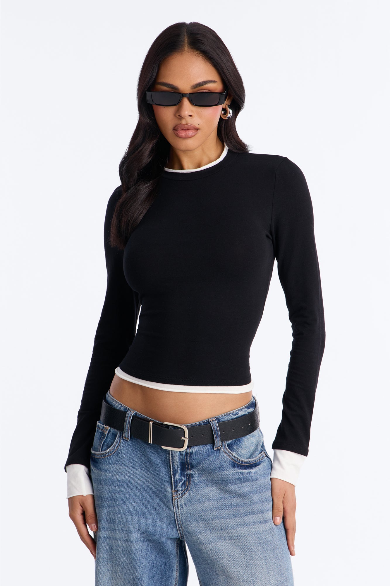 Effortless Edge Contrast Long Sleeve Top - Black/combo