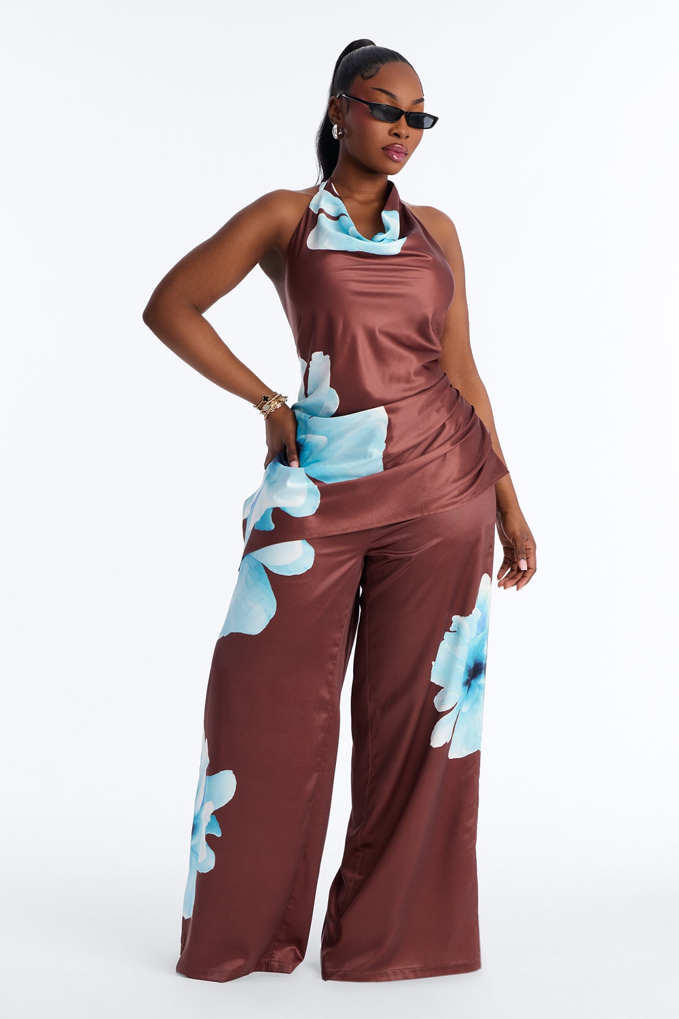 Leora Satin Drawstring Pant - Brown Combo
