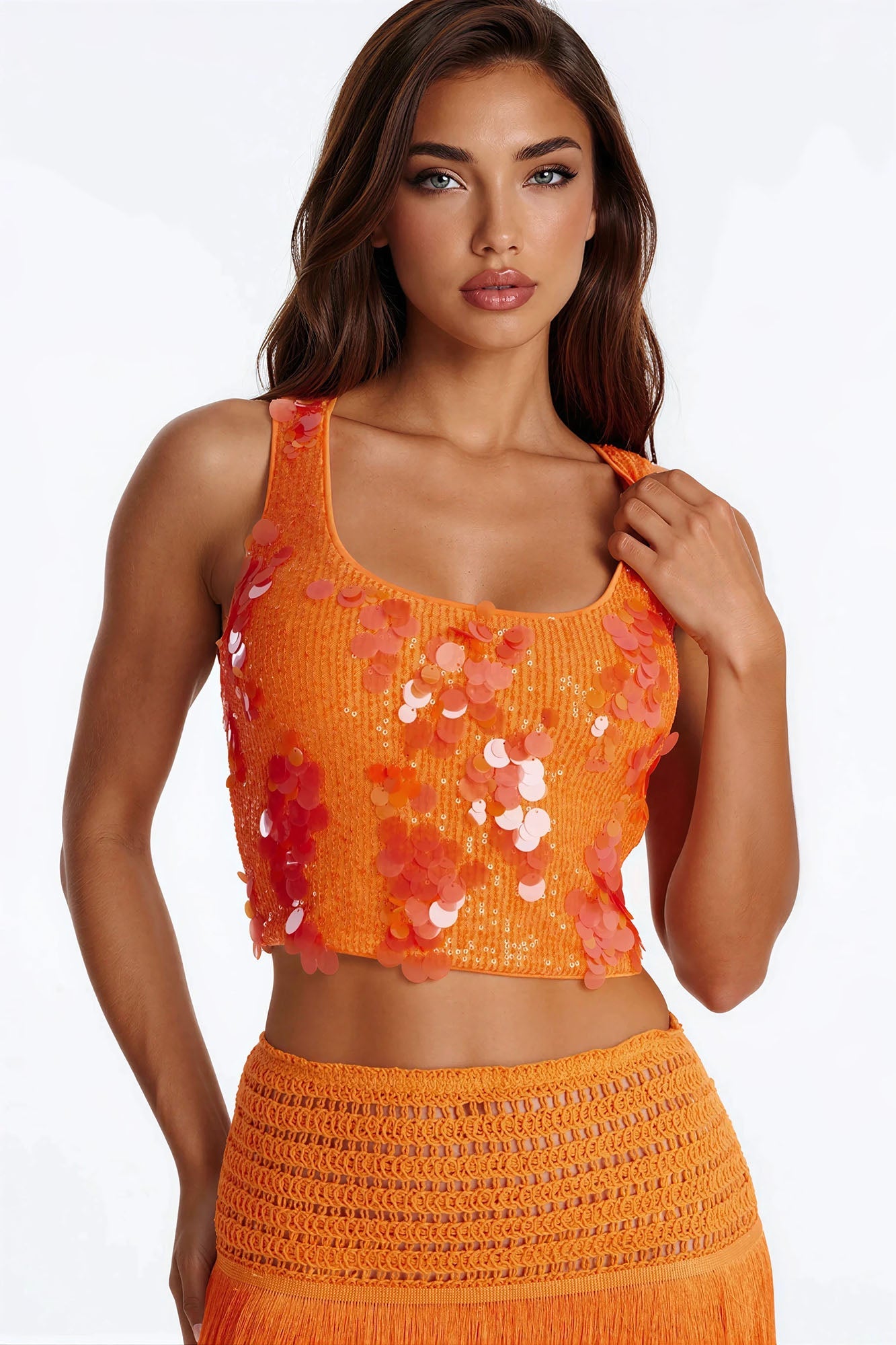 Beach Getaway Sequin Scoop Neck Top - Orange