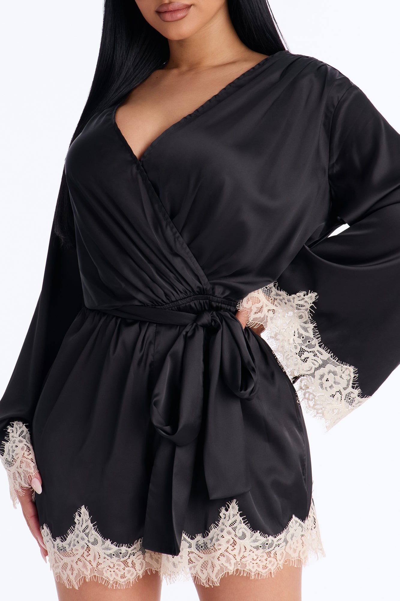 Cherie Satin Lace Trim Romper - Black