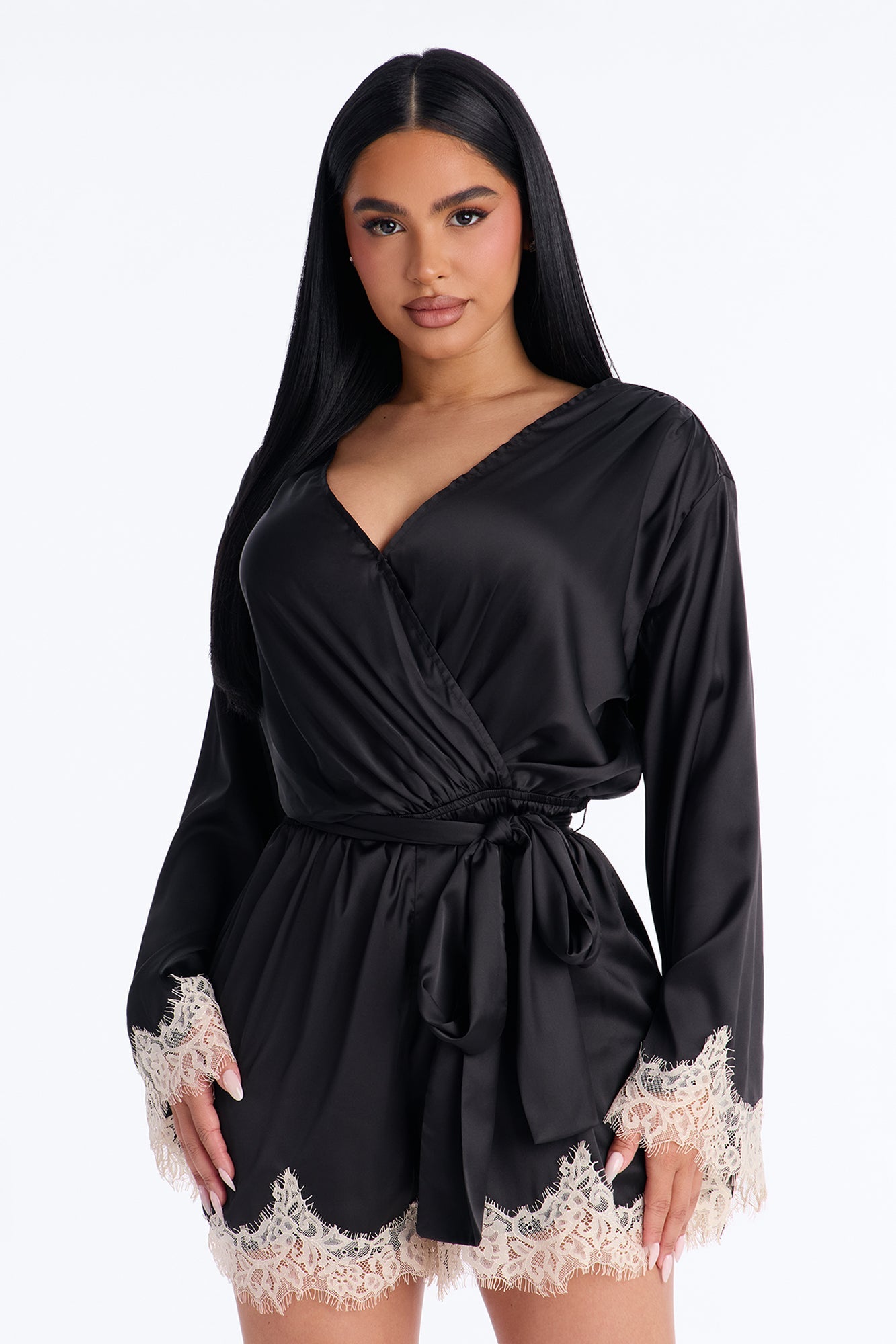 Cherie Satin Lace Trim Romper - Black