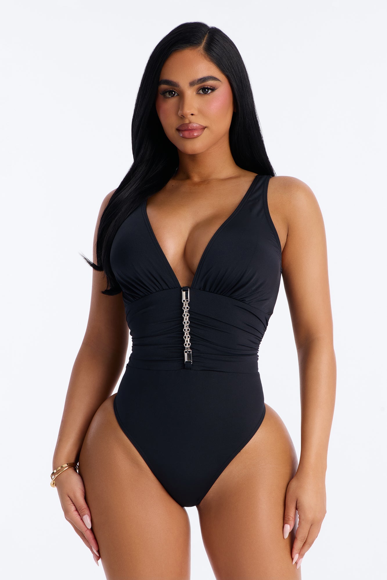 Shore Walks Ruching Hardware 1 Piece Swimsuit - Black