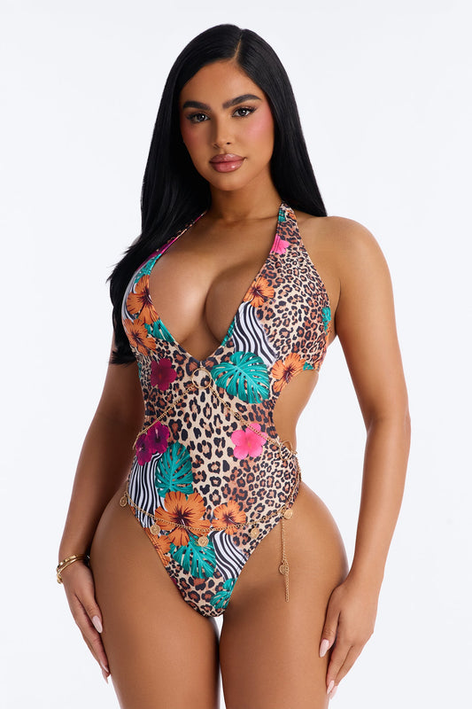 Kira Floral Leopard Scoop 1 Piece Swimsuit - Brown/combo
