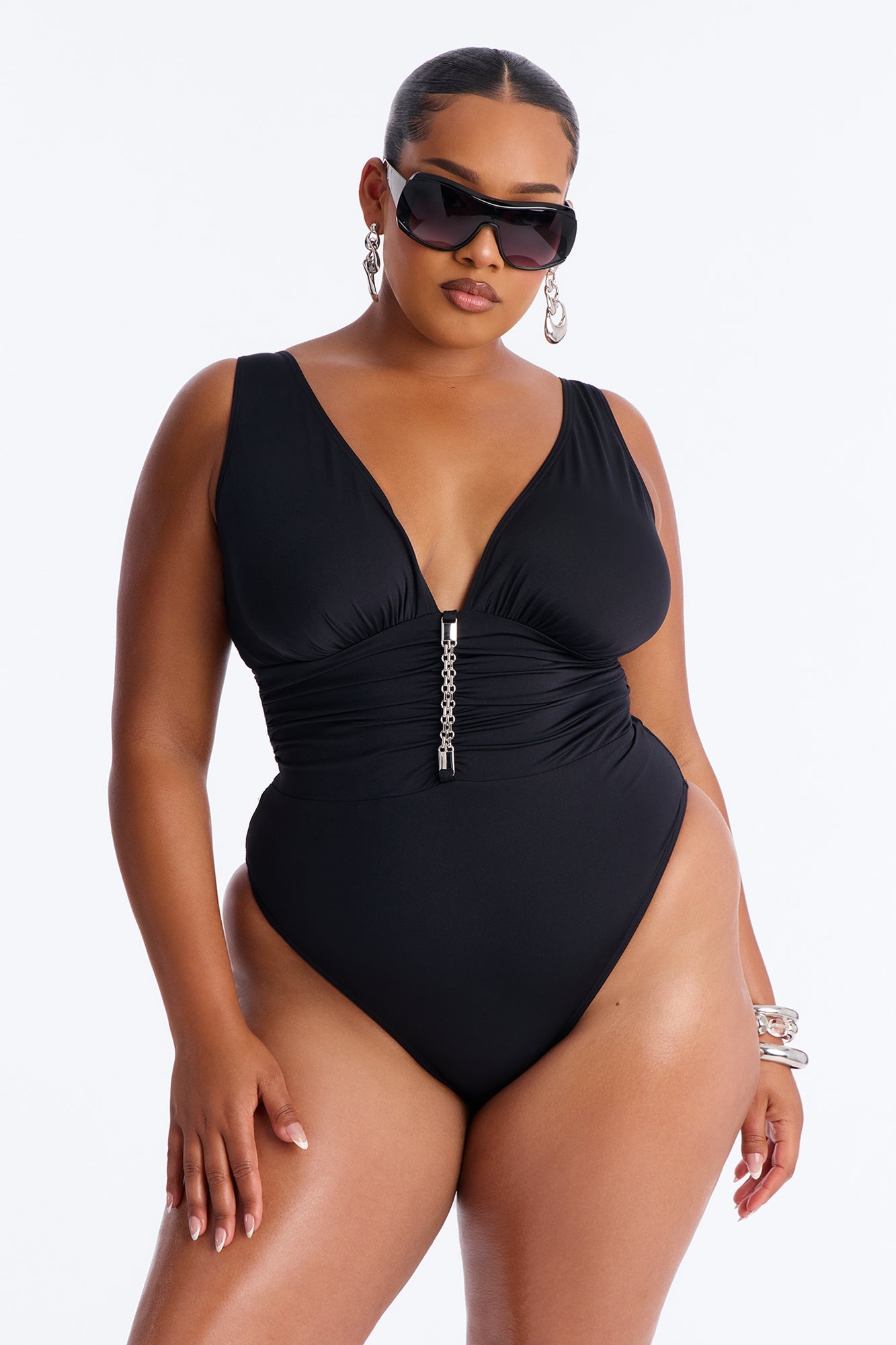 Shore Walks Ruching Hardware 1 Piece Swimsuit - Black