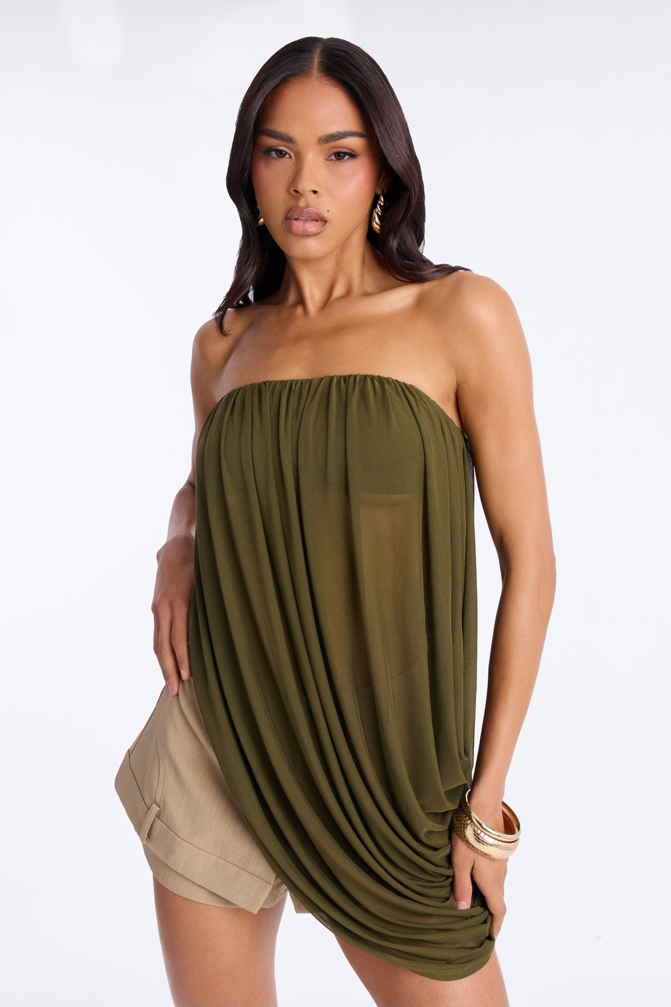 Bora Bora Nights Ruched Asymmetrical Mesh Top - Olive