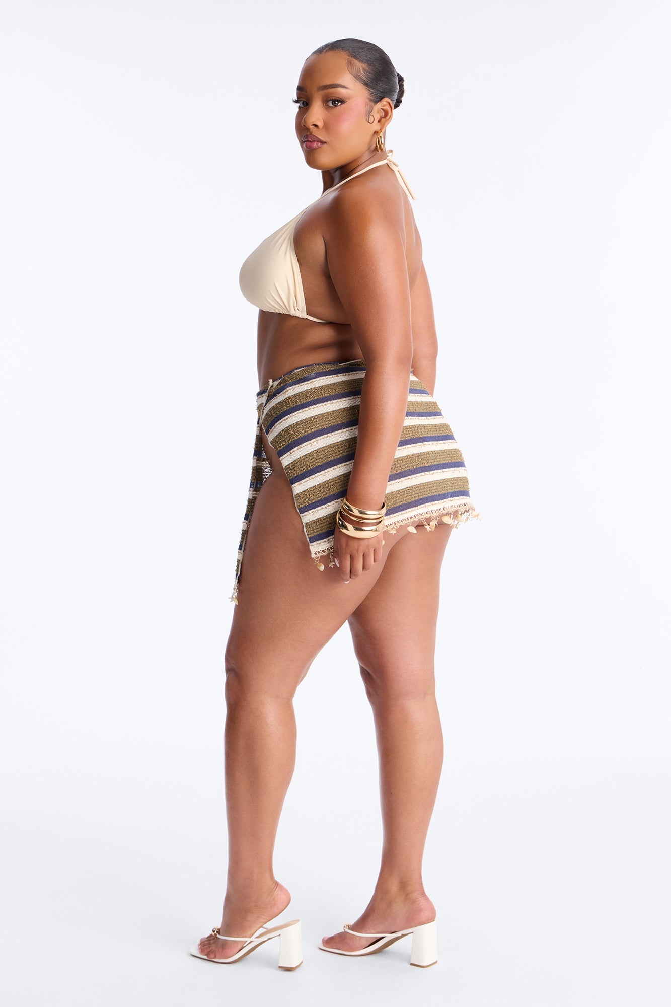 Wave Check 3 Piece Bikini Knit Skirt Set - Blue/combo