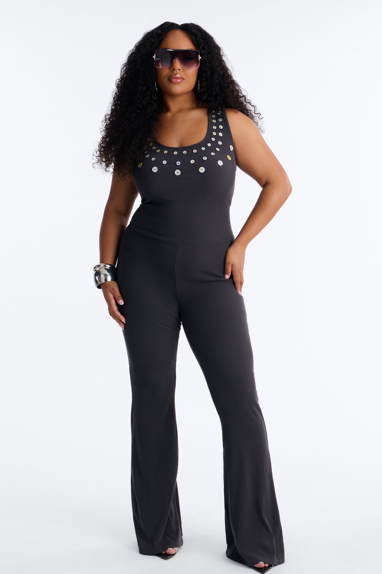 Rio Ribbed Flare Leg Jumpsuit - Charcoal