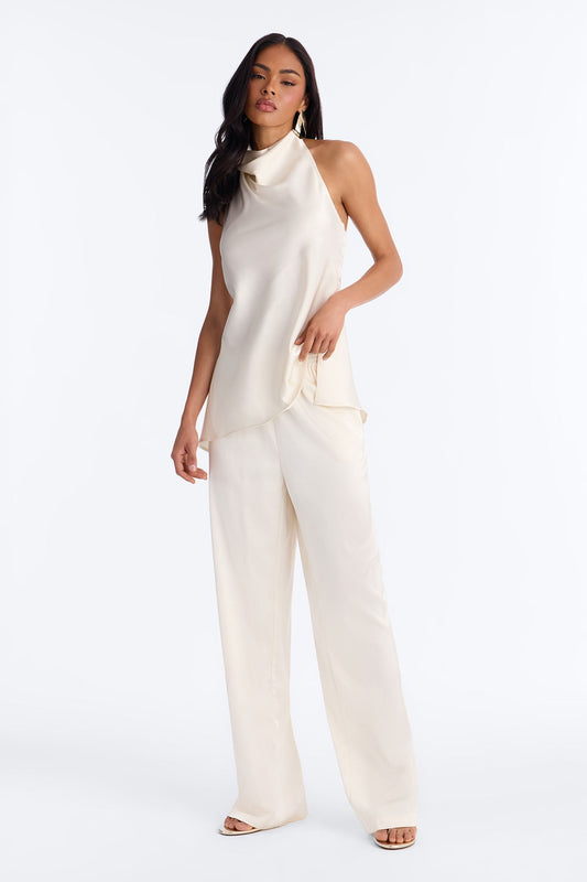 Teagan Low Rise Satin Wide Leg Pant 33″ - Ivory