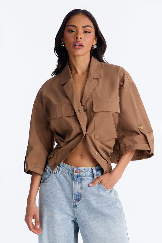 Plans Made Oversized Airflow Shirt - Brown