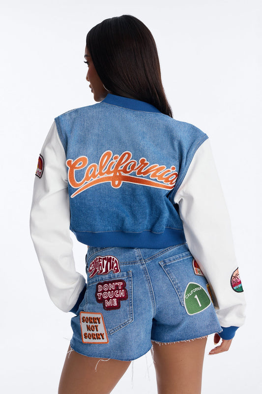 Golden State Cutie Patch Denim Bomber Jacket - Medium Wash