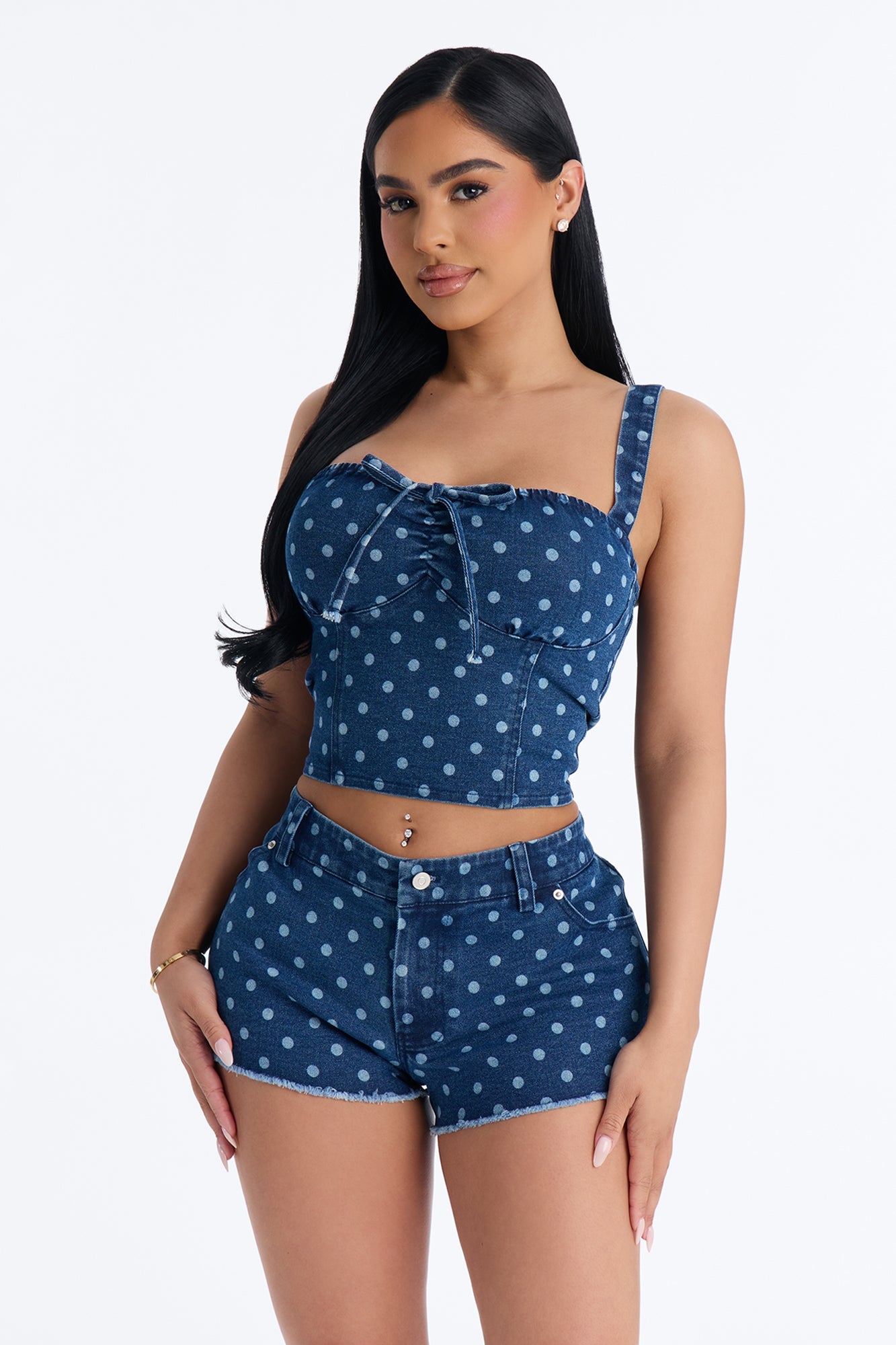 Bella Denim Corset Polka Dot Micro Short Set - Blue Wash