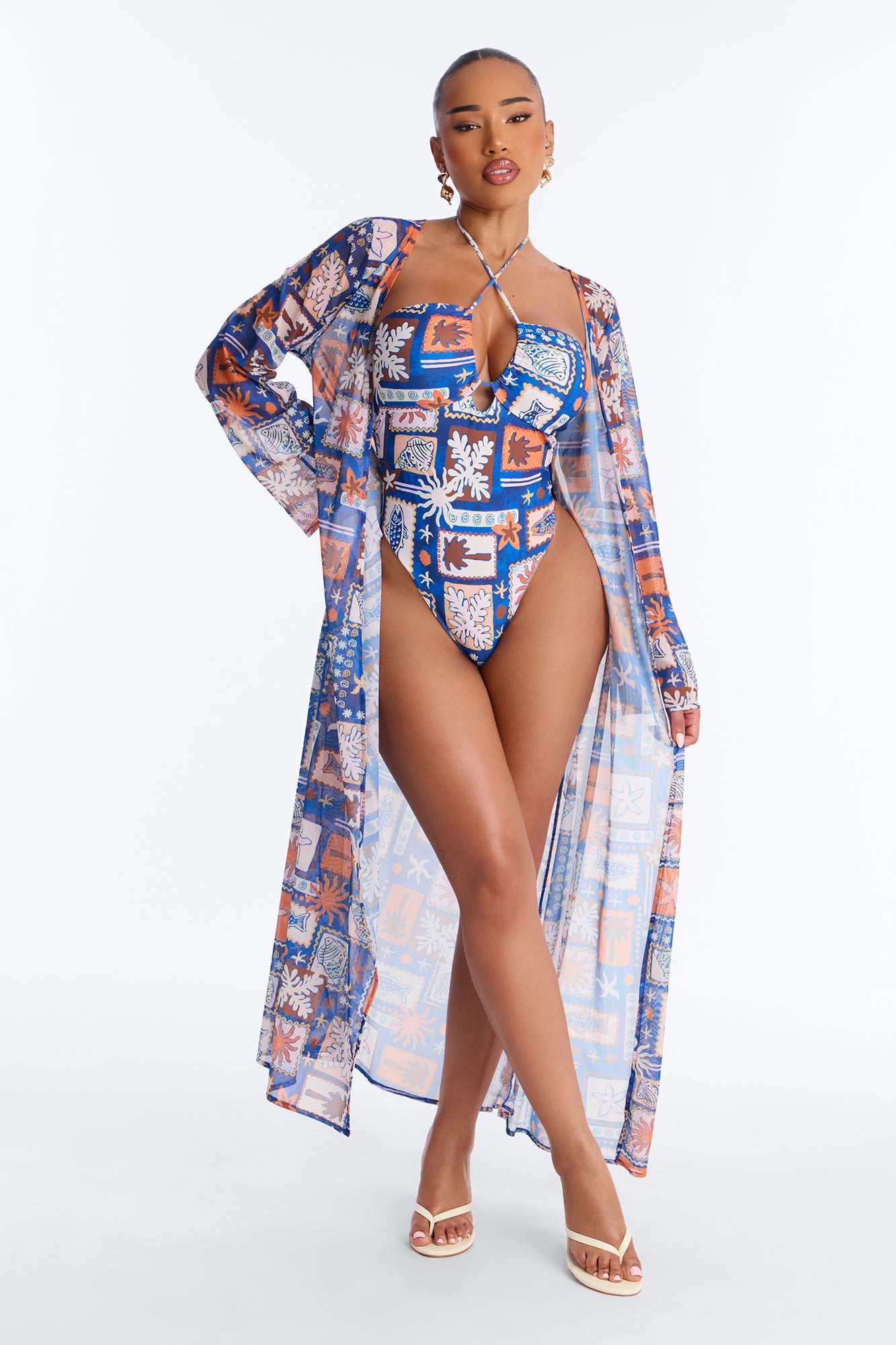 Monique Geometric Criss Cross Halter 2 Piece Bikini Kimono Set - Blue/combo