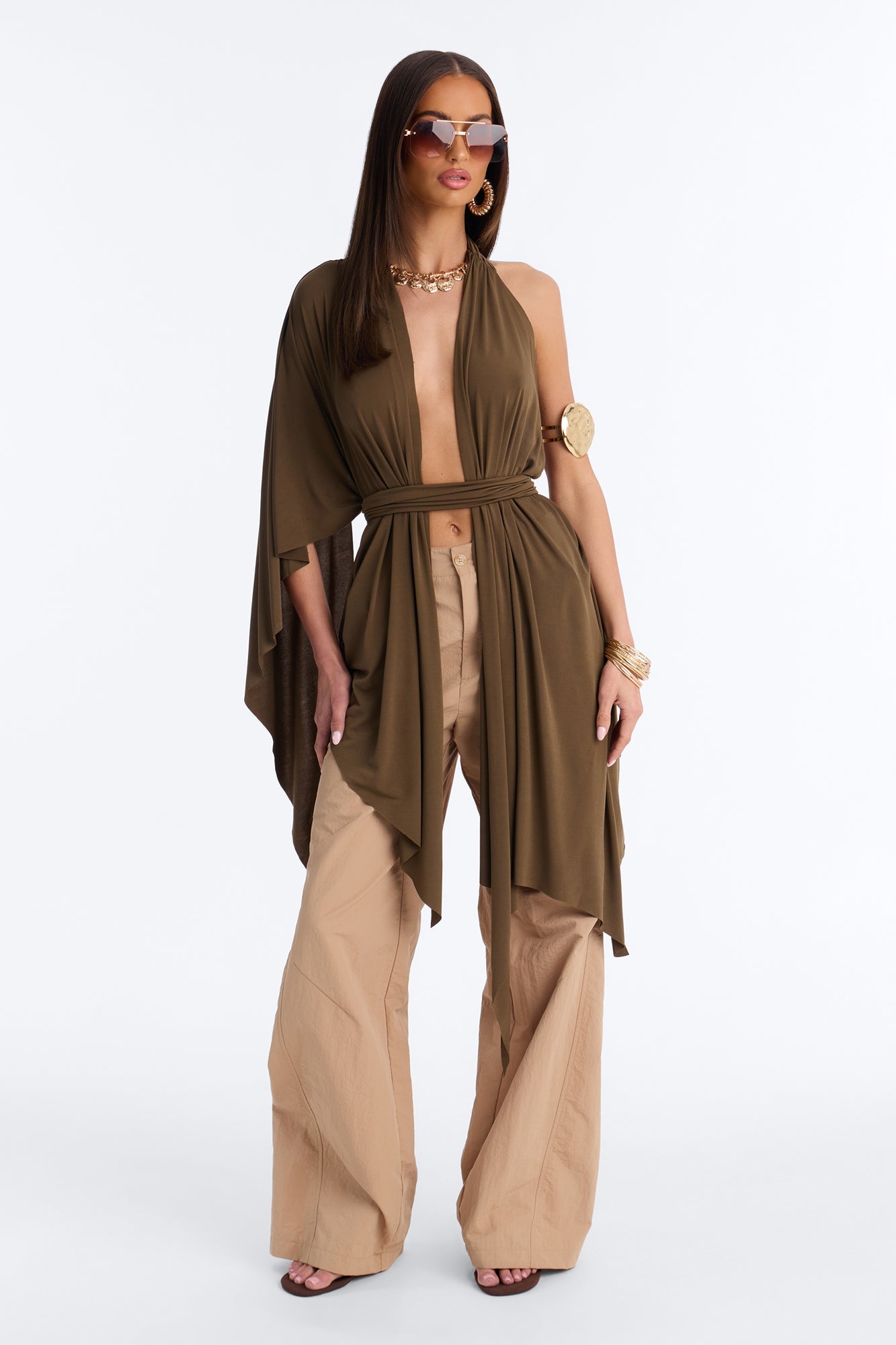 Bare In Bali Deep V-Neck Draped Short Sleeve Long Top - Olive