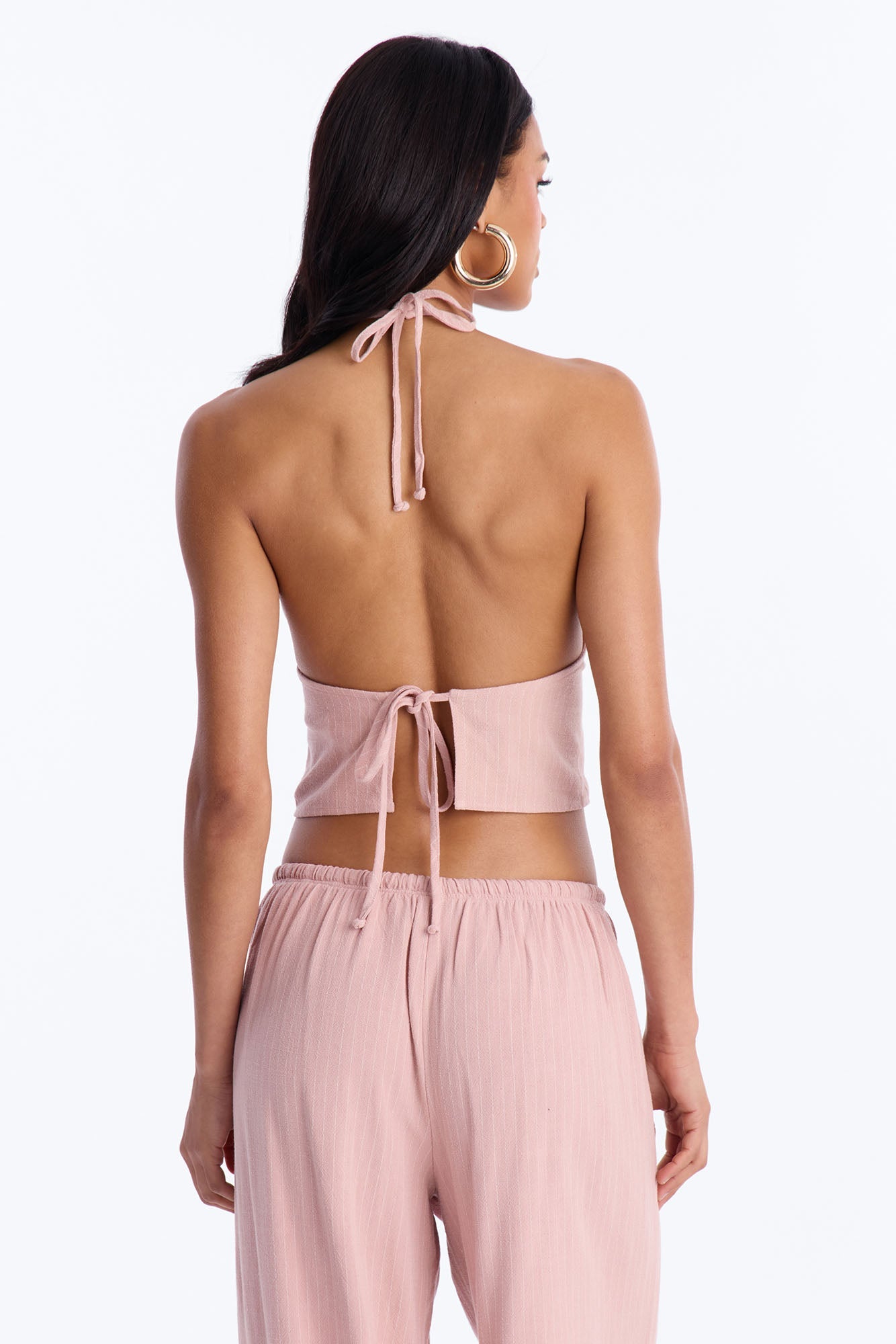 Girl Gone Wild Pinstripe Linen Halter Top - Blush