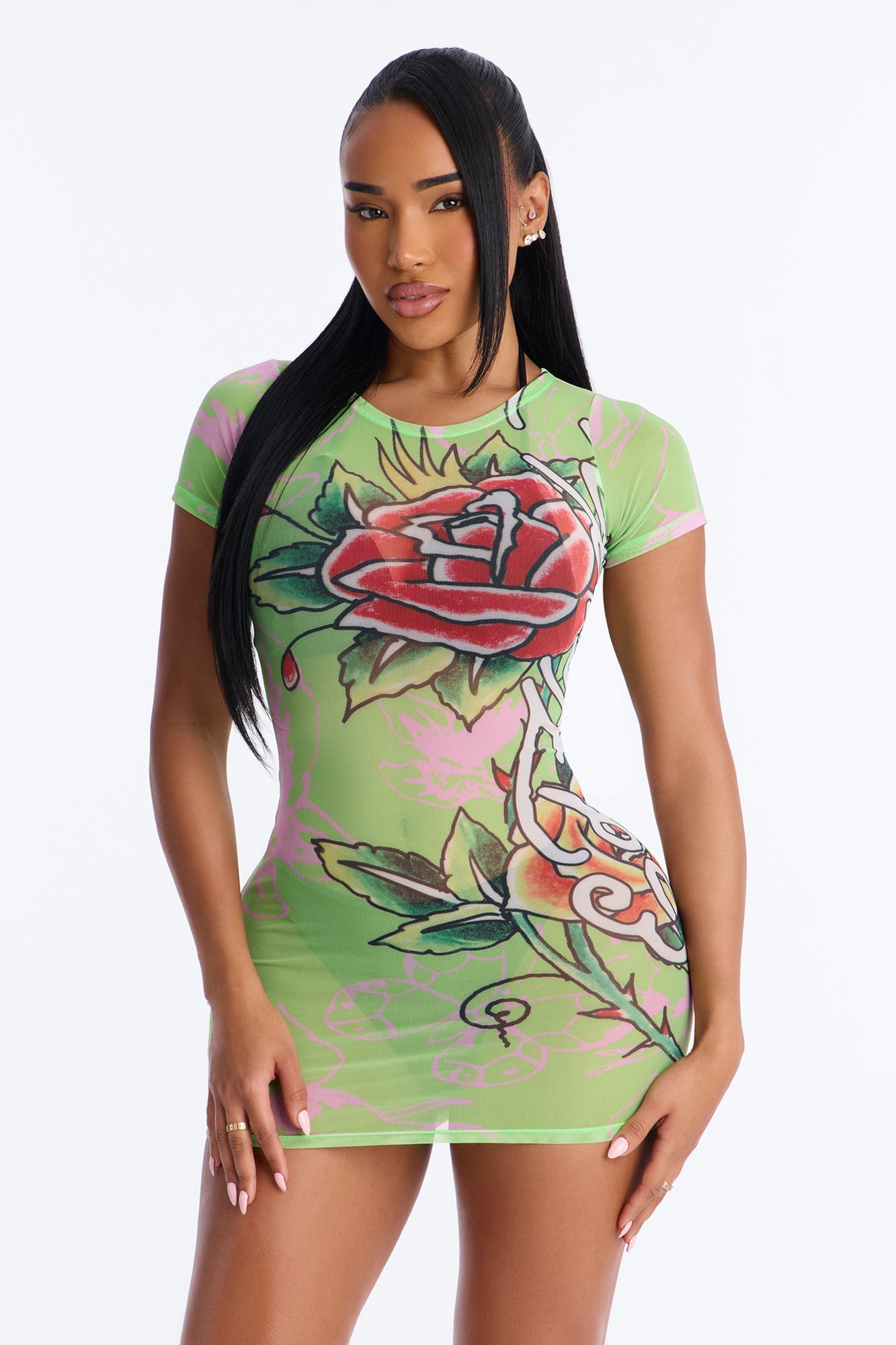 Ed Hardy Roses & Butterflies Mesh Cover Up Dress - Olive/combo
