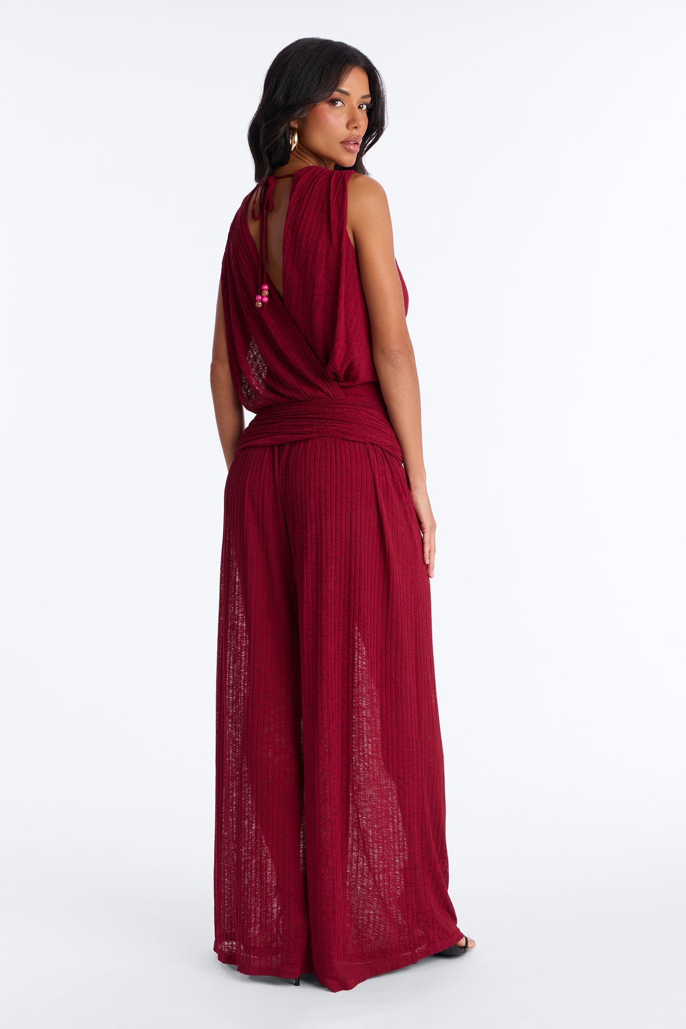 Romy Beaded Wide Leg Slit Jumpsuit - Wine
