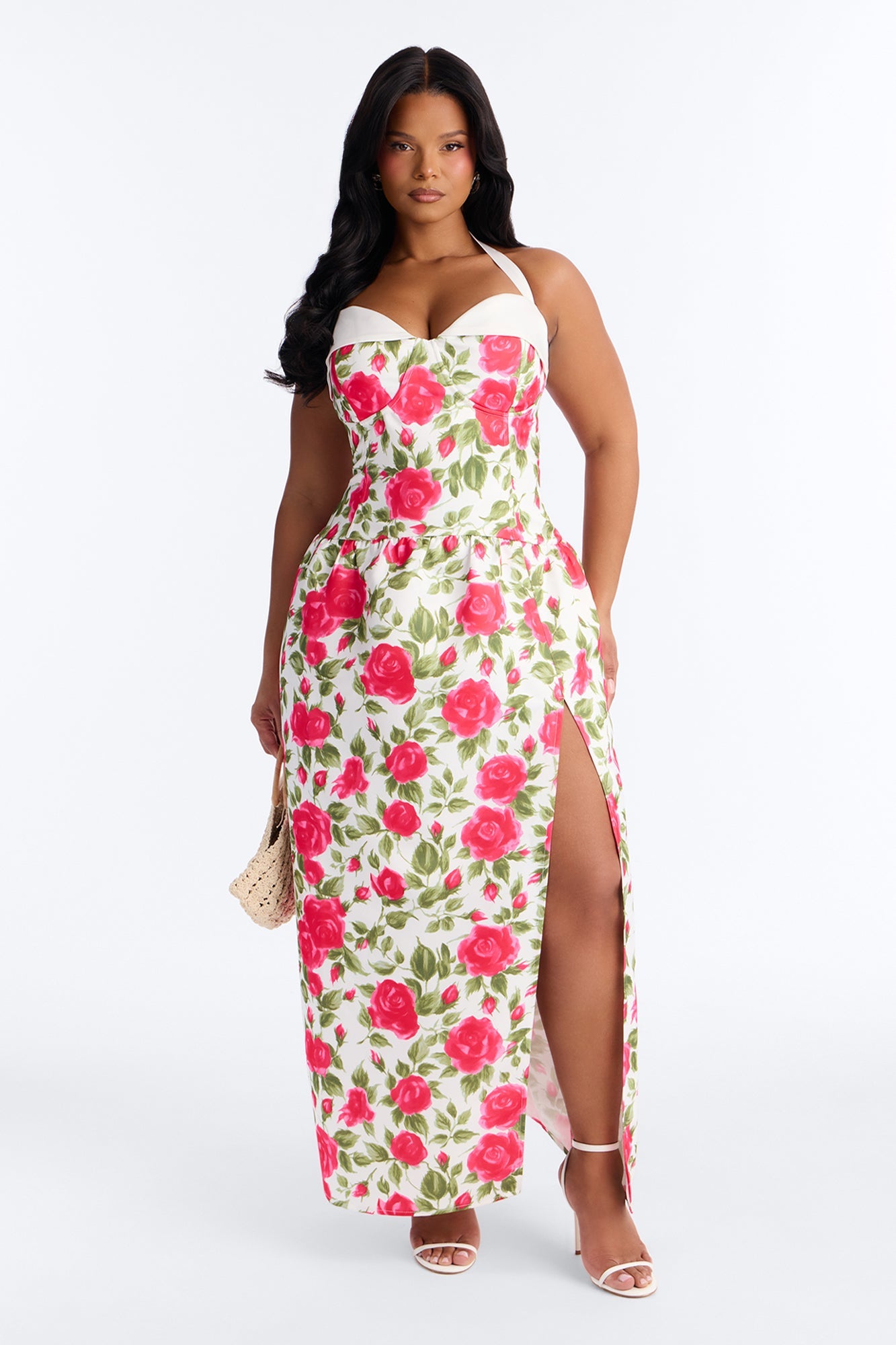 Sweetheart Floral Satin High Slit Maxi Dress - Pink/combo