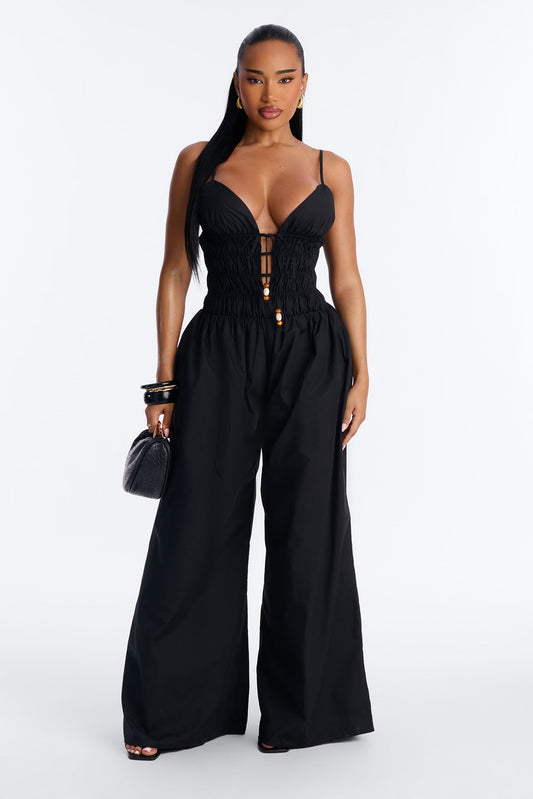 Vacation Muse Beaded Wide Leg Jumpsuit - Black