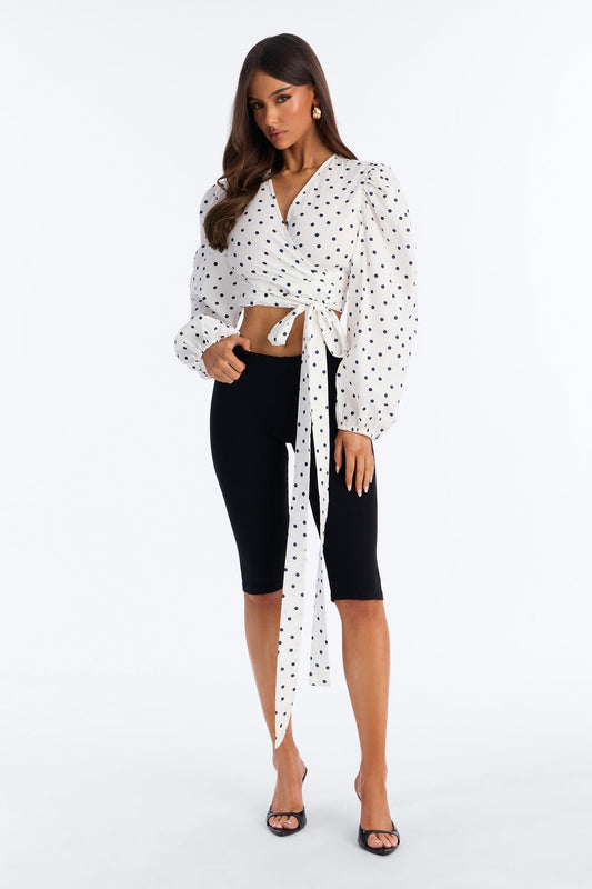 Scene Stealer Polka Dot Tie Waist Linen Top - White/combo