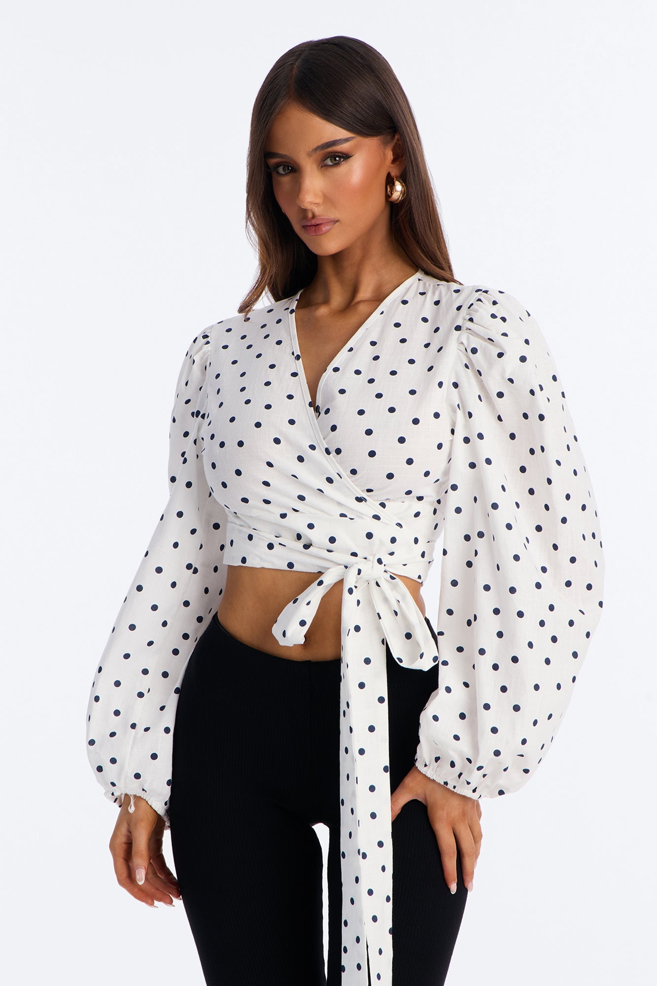 Scene Stealer Polka Dot Tie Waist Linen Top - White/combo