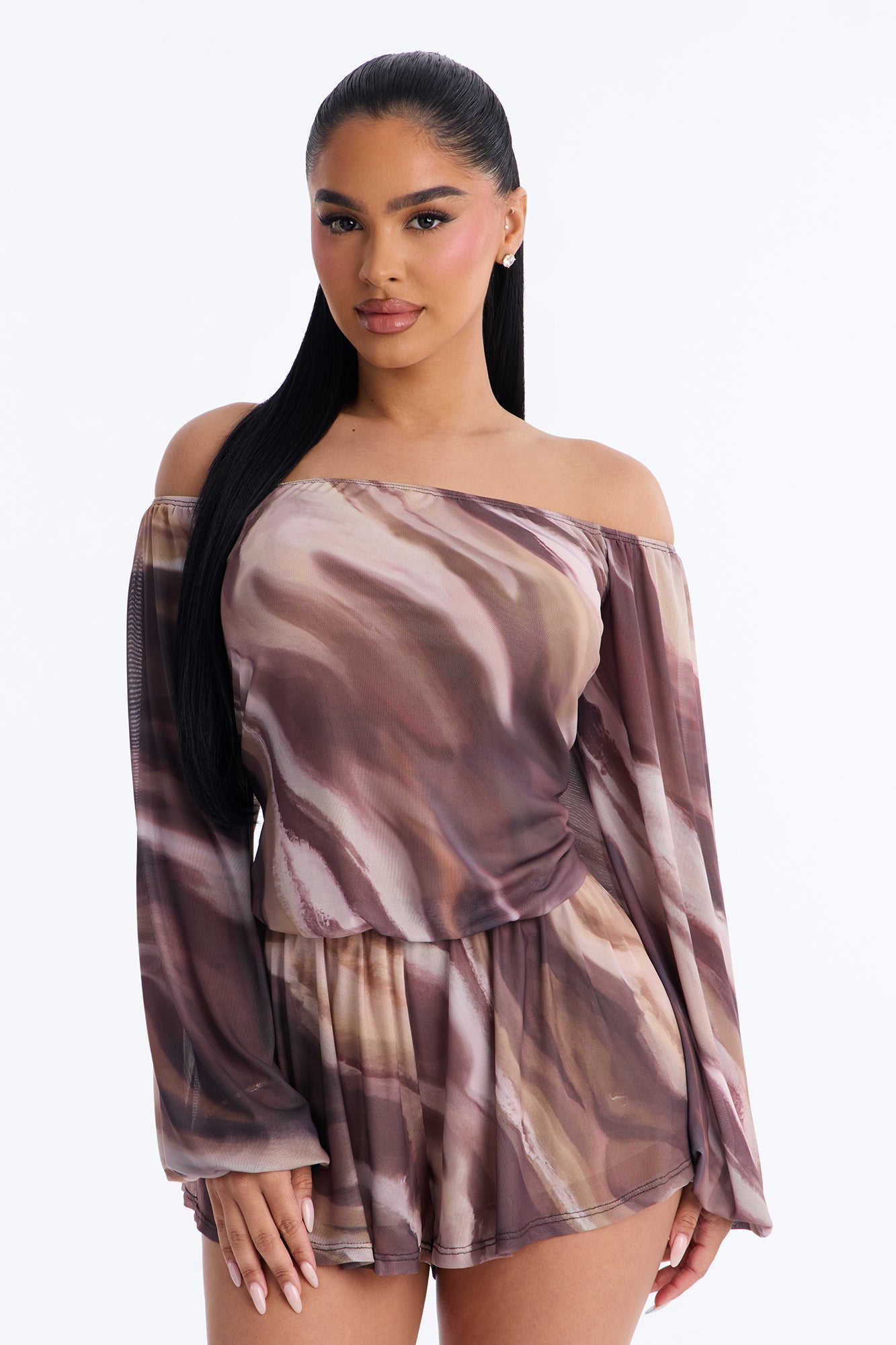 Rana Mesh Off Shoulder Romper - Brown