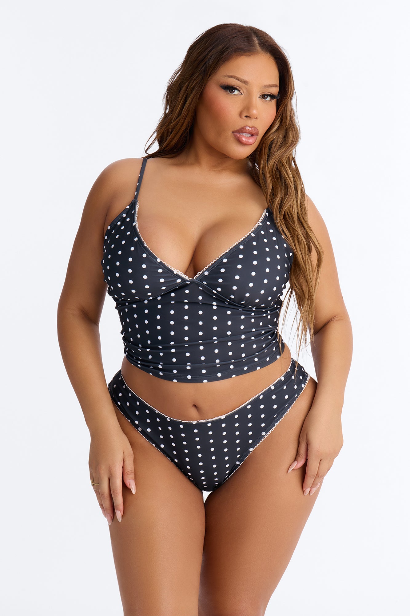 Fatima Polka Dot Tank Top Lace Trim 2 Piece Bikini - Black/combo