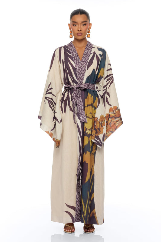 Samira Tie Waist Linen Maxi Dress - Taupe/combo