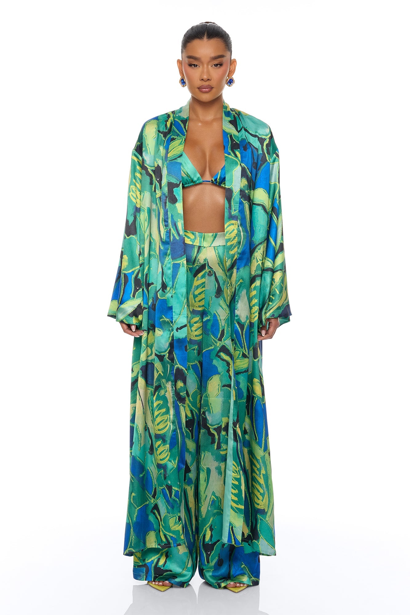 Pure Luxury 3 Piece Satin Kimono Set - Green/combo