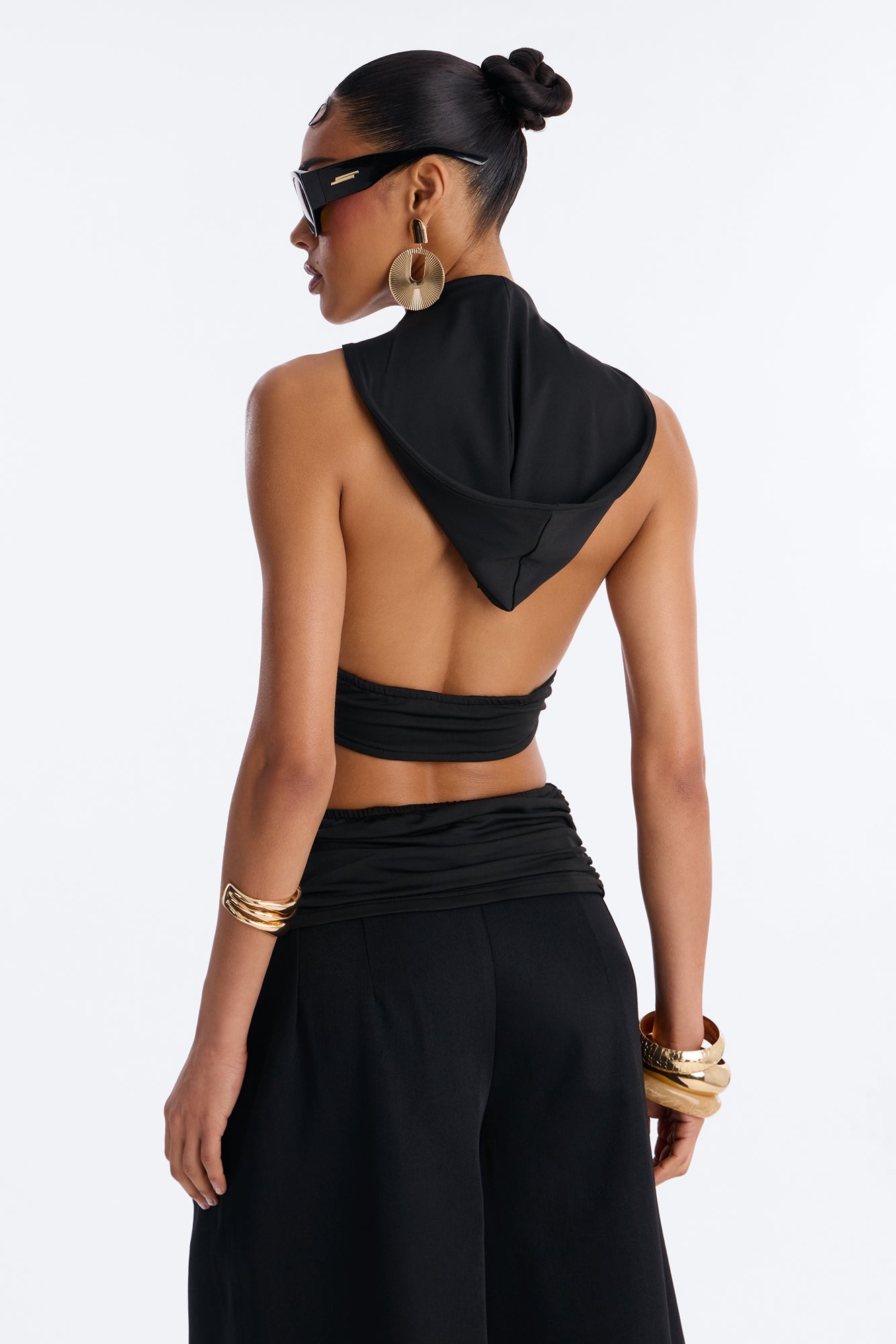 Golden Summer Hardware Hooded Draped Top - Black