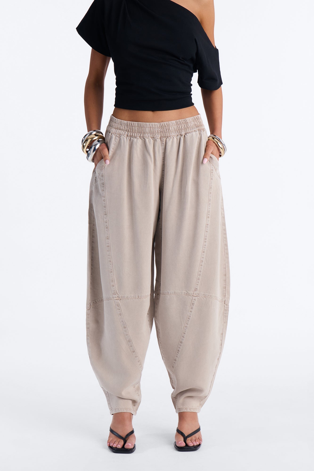Jeannie Mid Rise Washed Barrel Pants - Stone